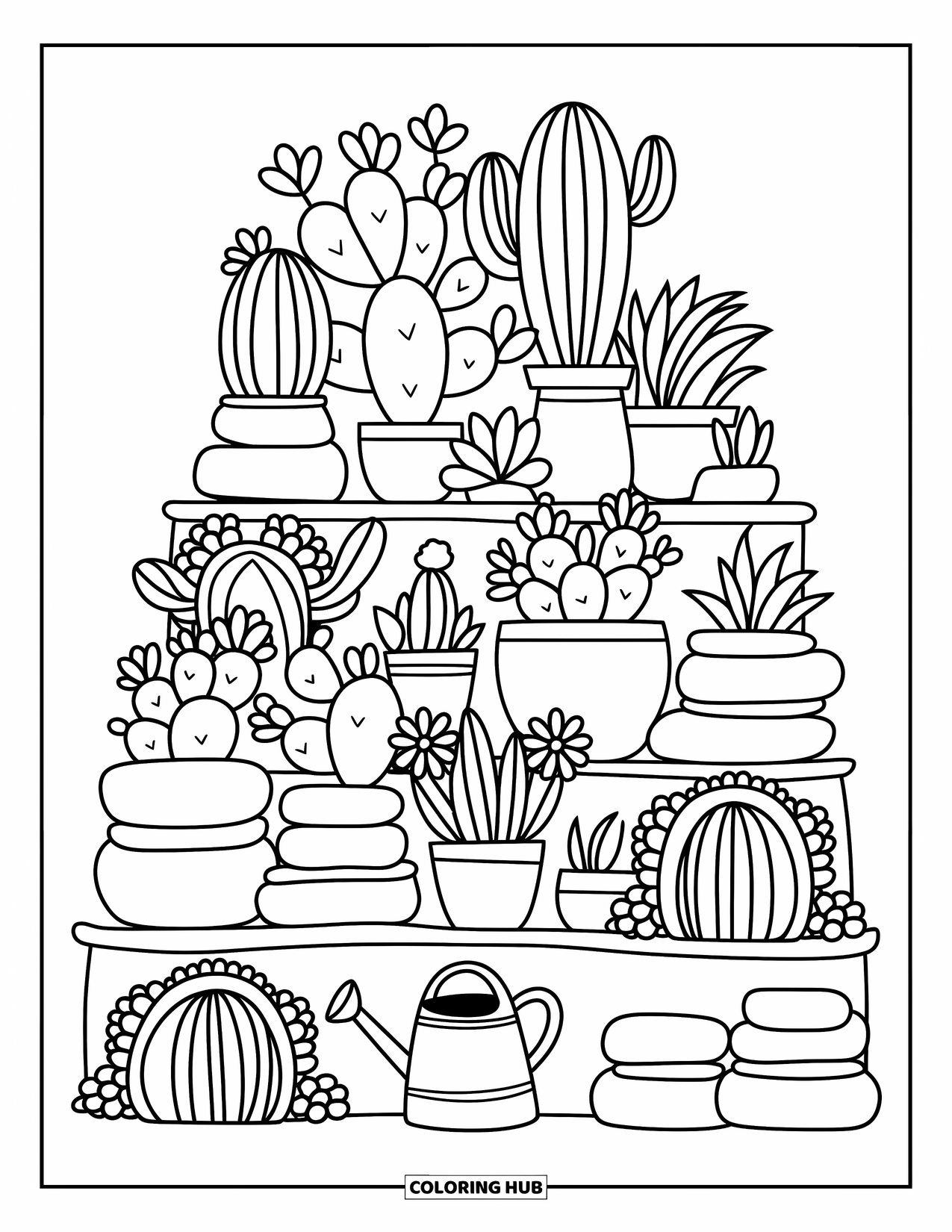 Desert Coloring Page for Adults: A desert garden flows in layers with cacti, flowers, pots, and a watering can