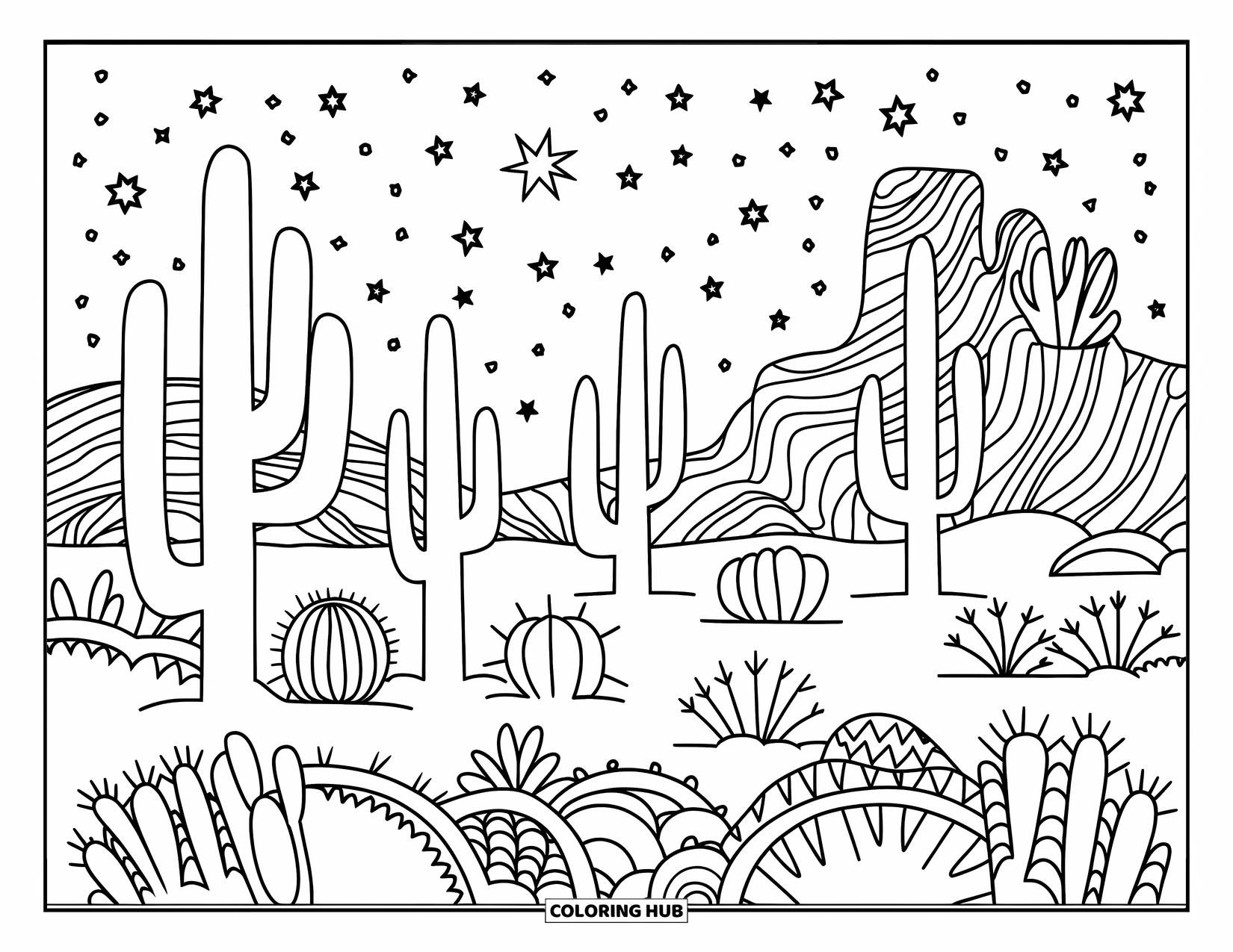 Desert Coloring Page for Adults: A desert skyline shows cacti and rock shapes beneath a sky full of stars