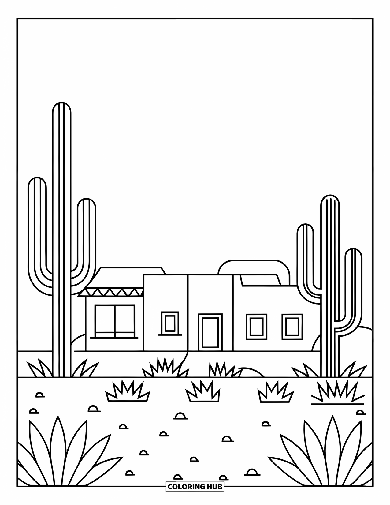 Desert Coloring Page for Adults: A dome-roof adobe house sits quietly among simple, patterned desert plants