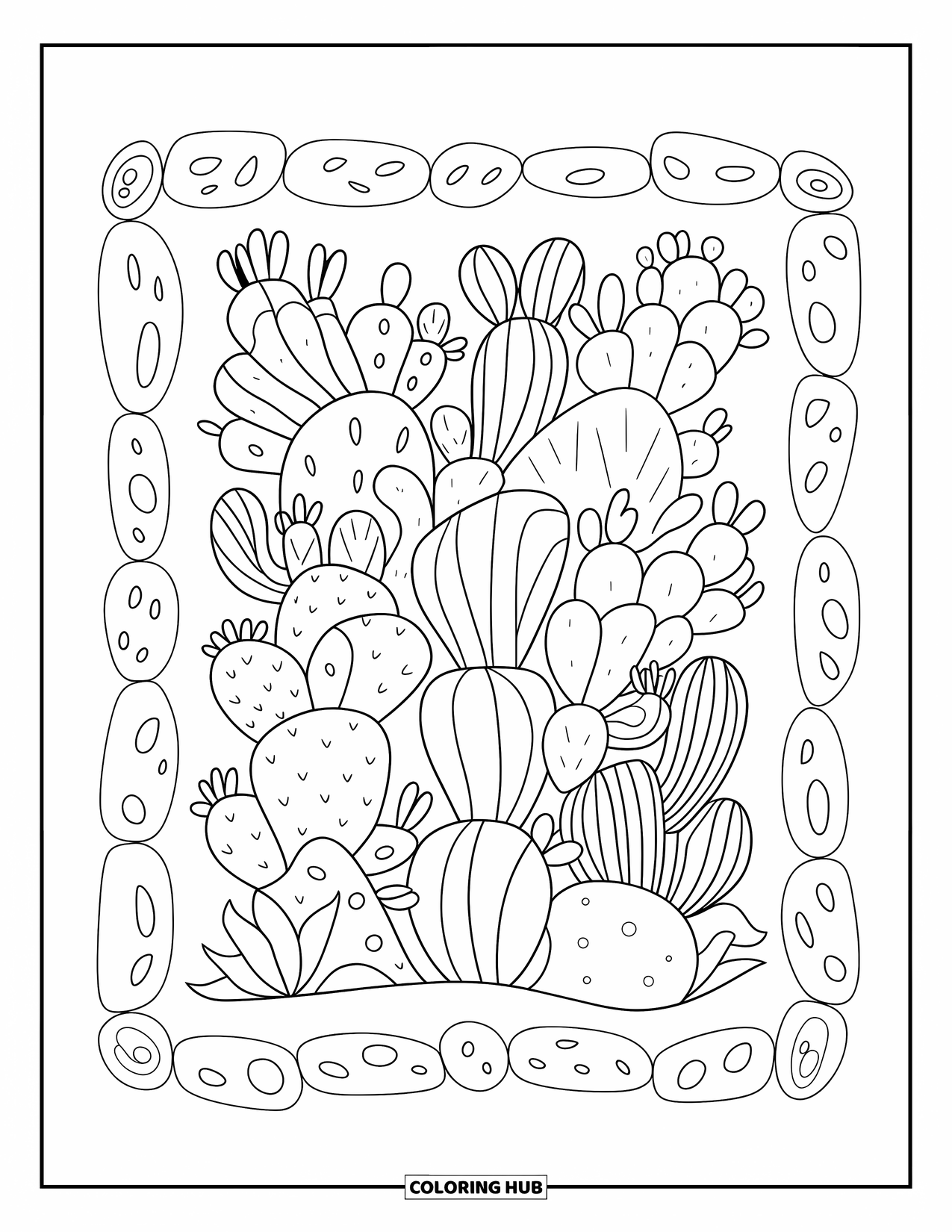Desert Coloring Page for Adults: A playful cactus display is surrounded by a ring of outlined desert pebbles