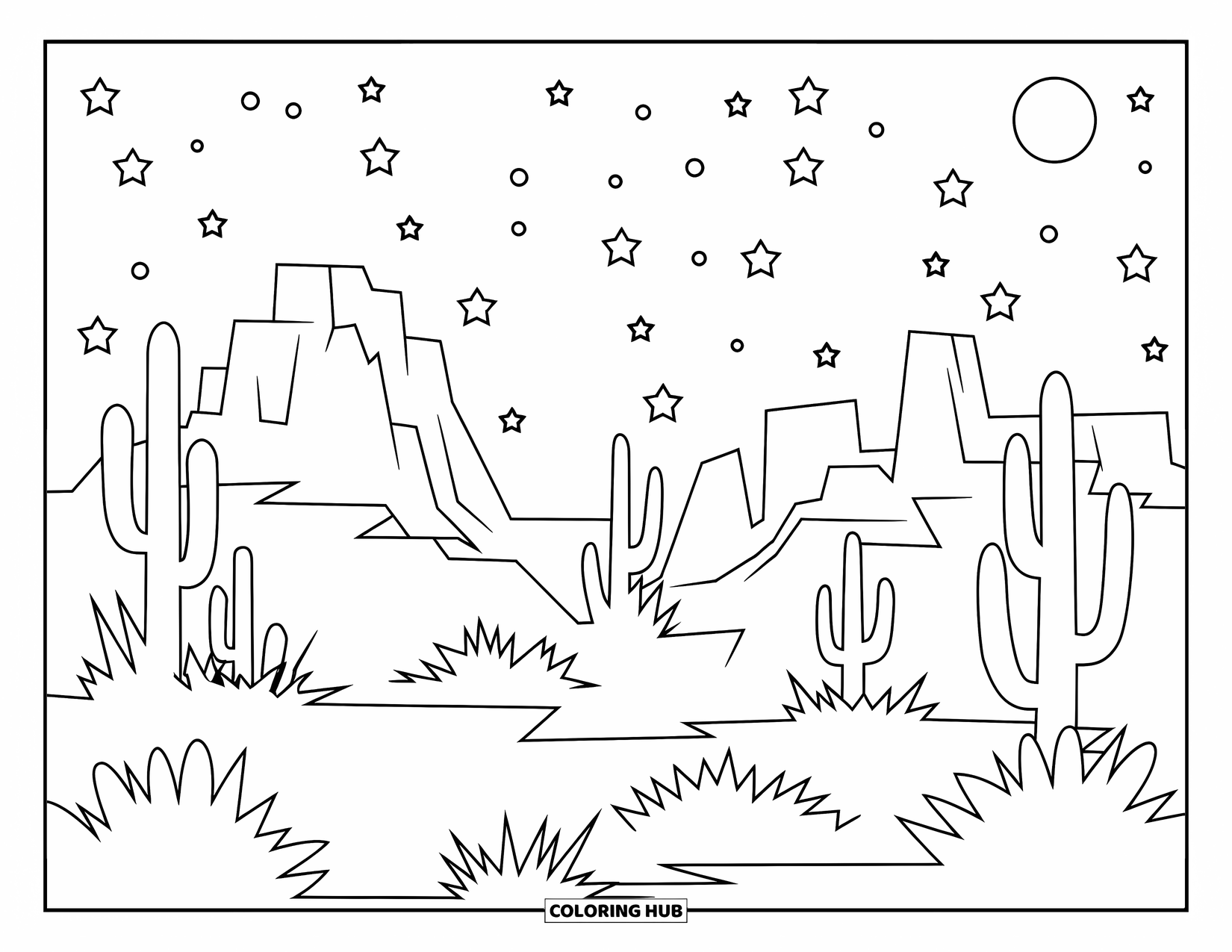 Desert Coloring Page for Adults: A silhouette desert landscape glows quietly beneath the stars and crescent moon