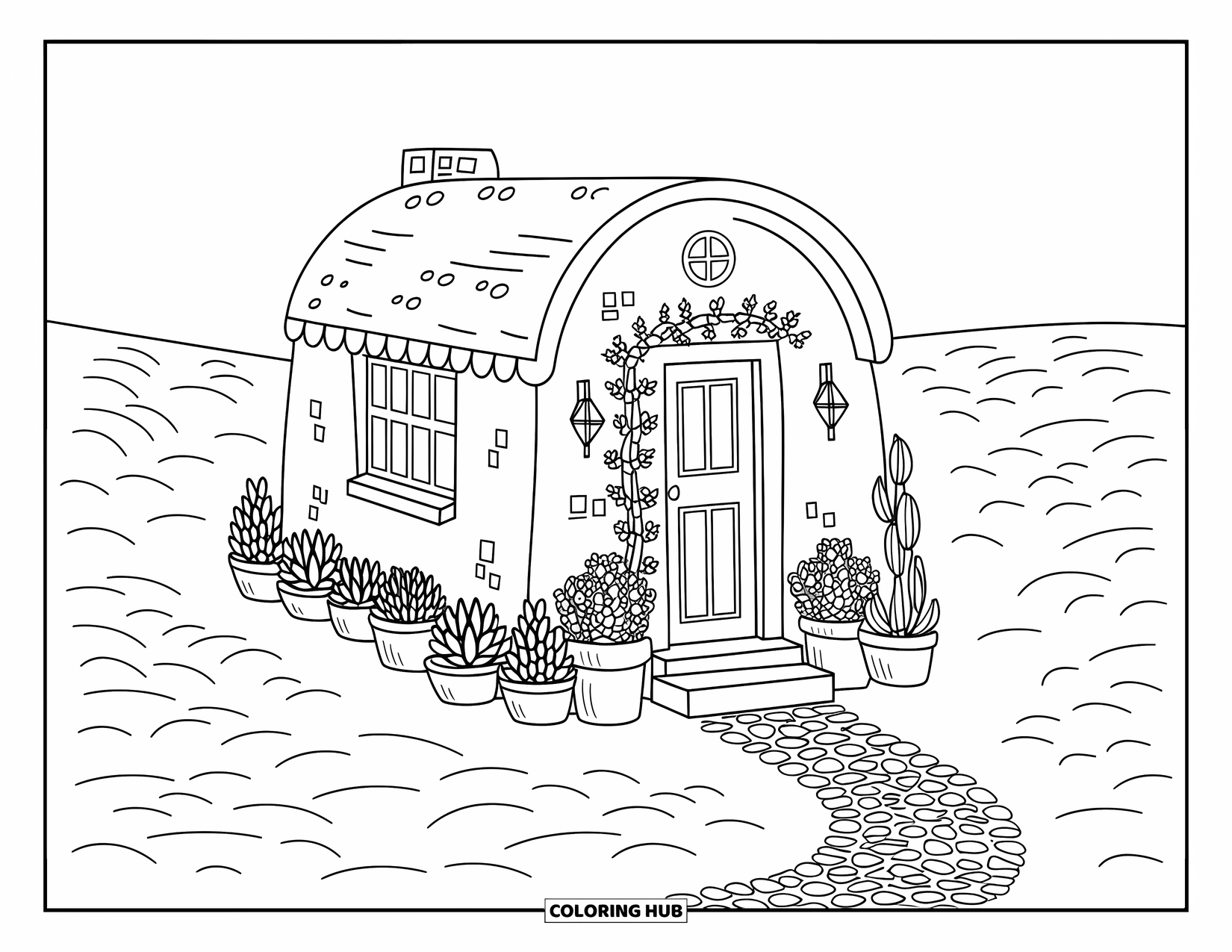 Desert Coloring Page for Adults: A tiny adobe home is wrapped in vines and lined with cheerful succulents