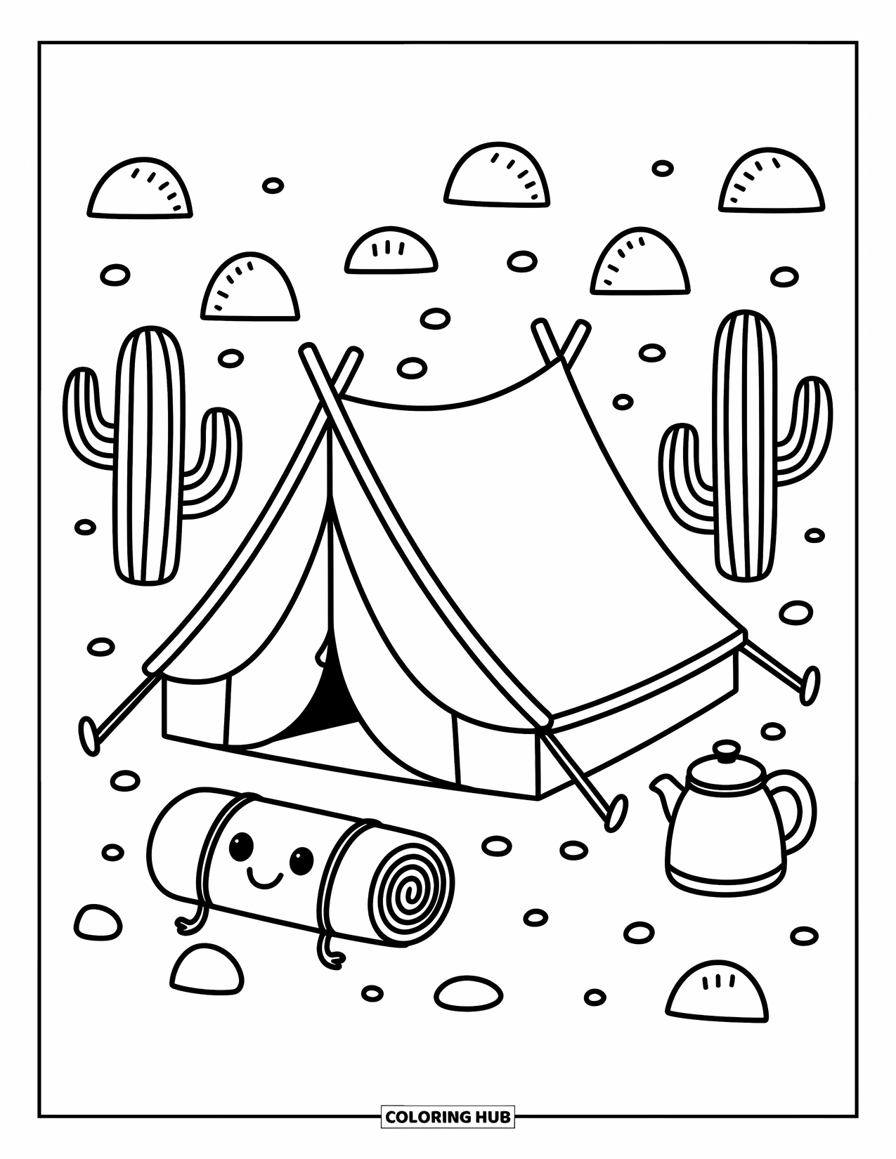 Desert Coloring Page for Adults: A tiny tent nestles between cacti and rocks with a kettle and sleeping bag