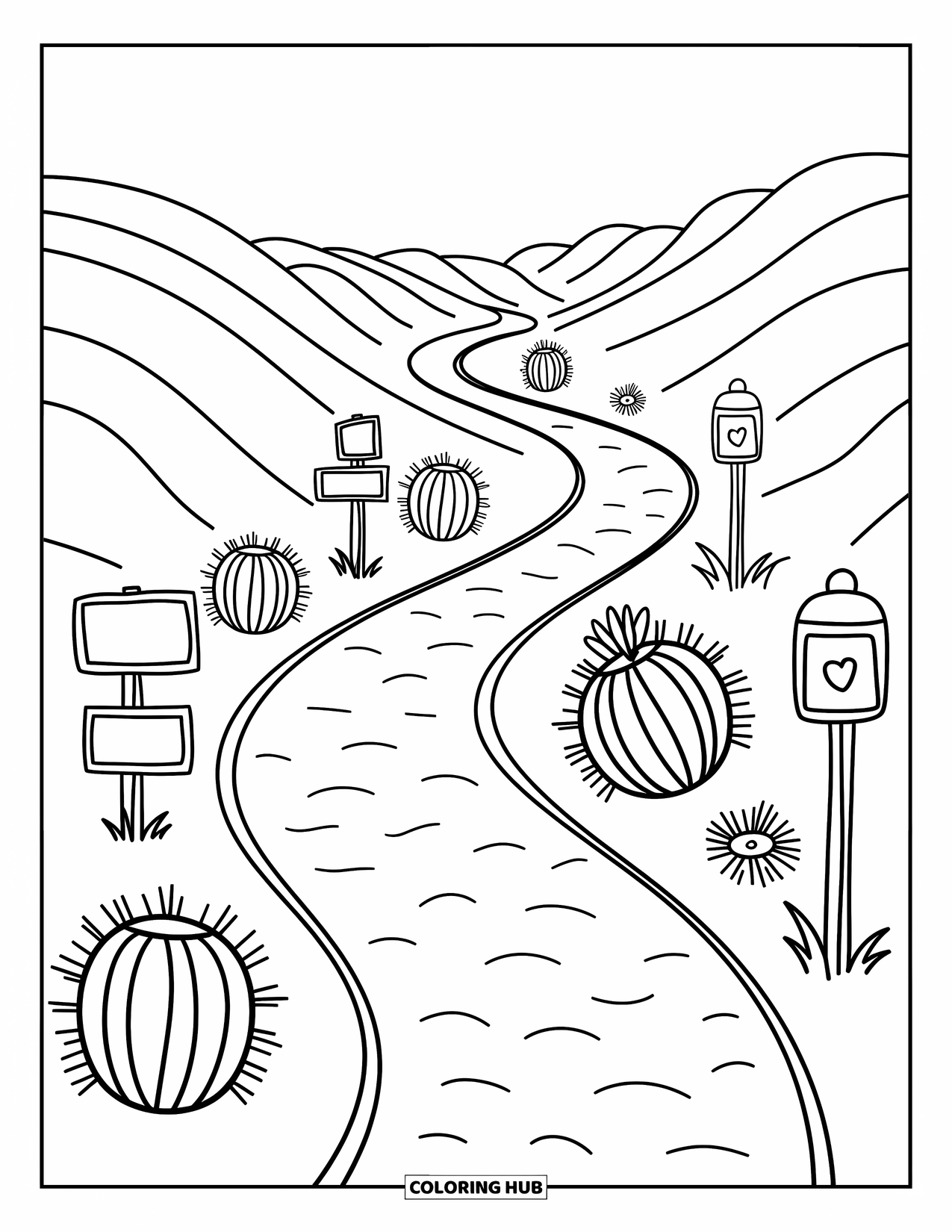 Desert Coloring Page for Adults: A winding desert trail is lined with signs, cacti, and lantern posts