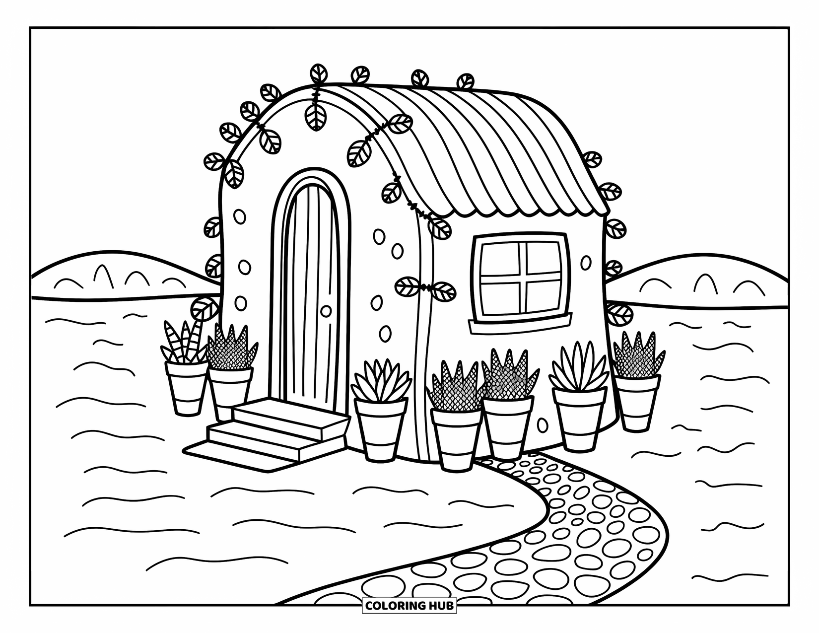 Desert Coloring Page for Adults: An adobe house with potted succulents stands quietly on a winding pebble path