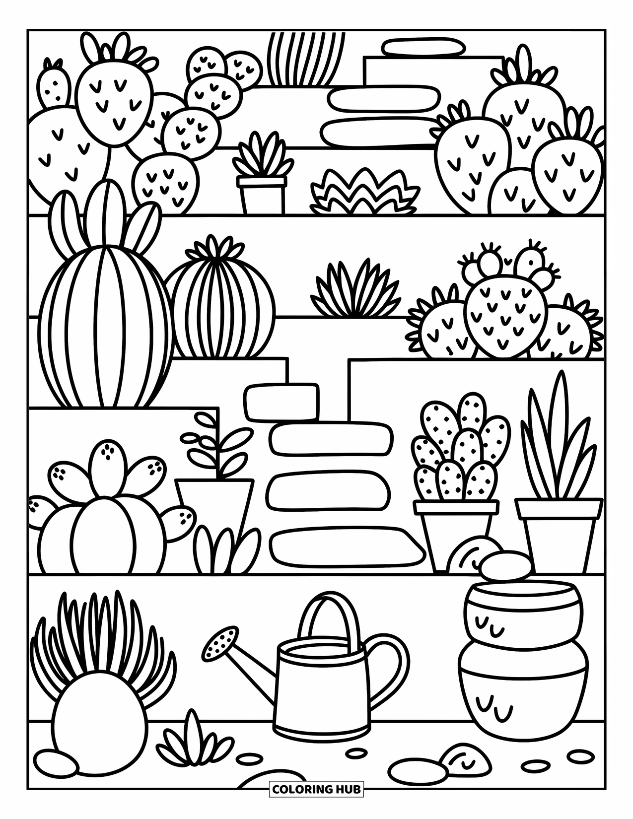 Desert Coloring Page for Adults: Blooming cacti and stacked stones fill a peaceful terraced desert garden
