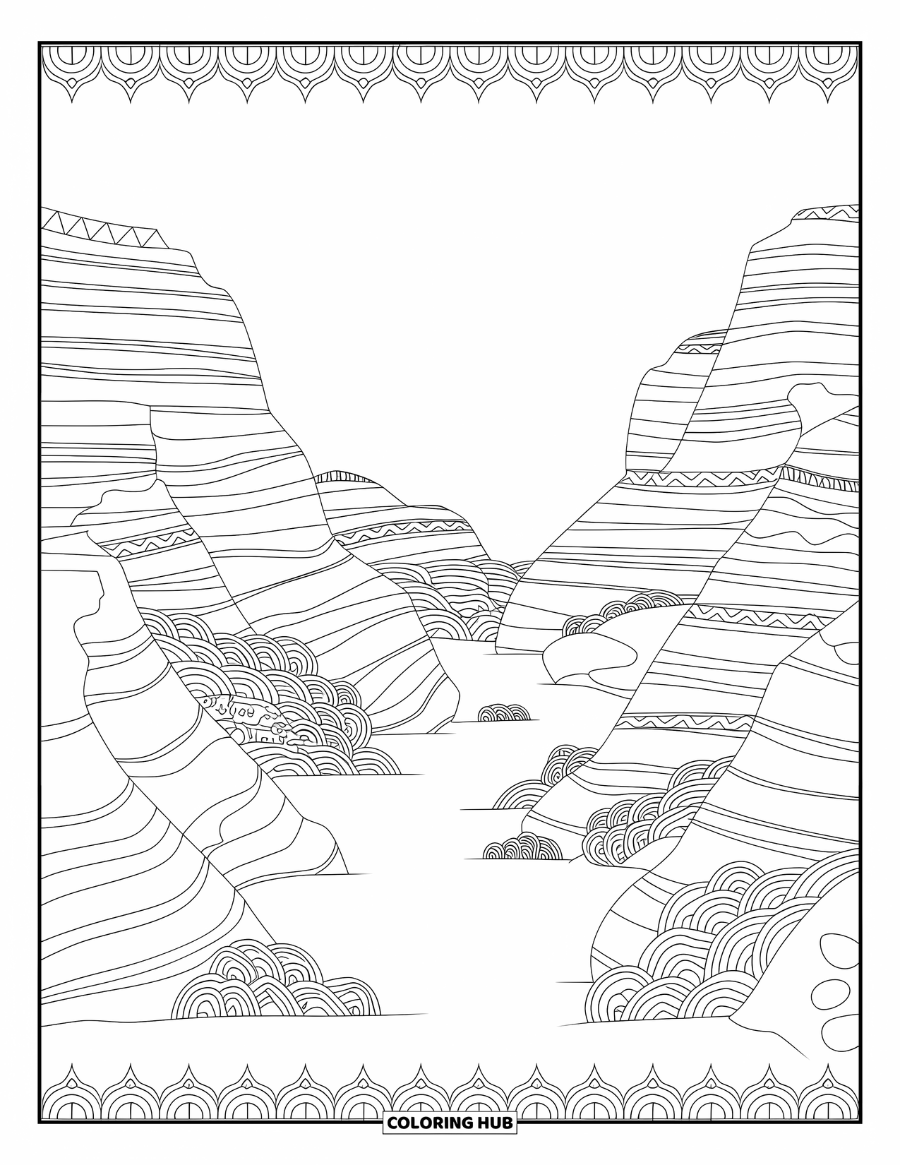 Desert Coloring Page for Adults: Bold canyon layers and patterned dunes stretch through a quiet desert scene
