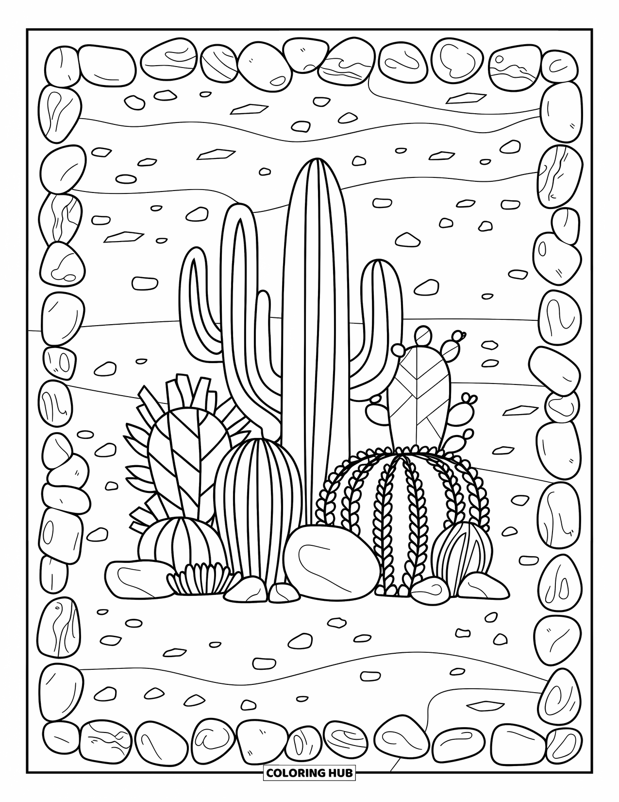 Desert Coloring Page for Adults: Boldly shaped cacti sit inside a rocky border on sandy desert ground