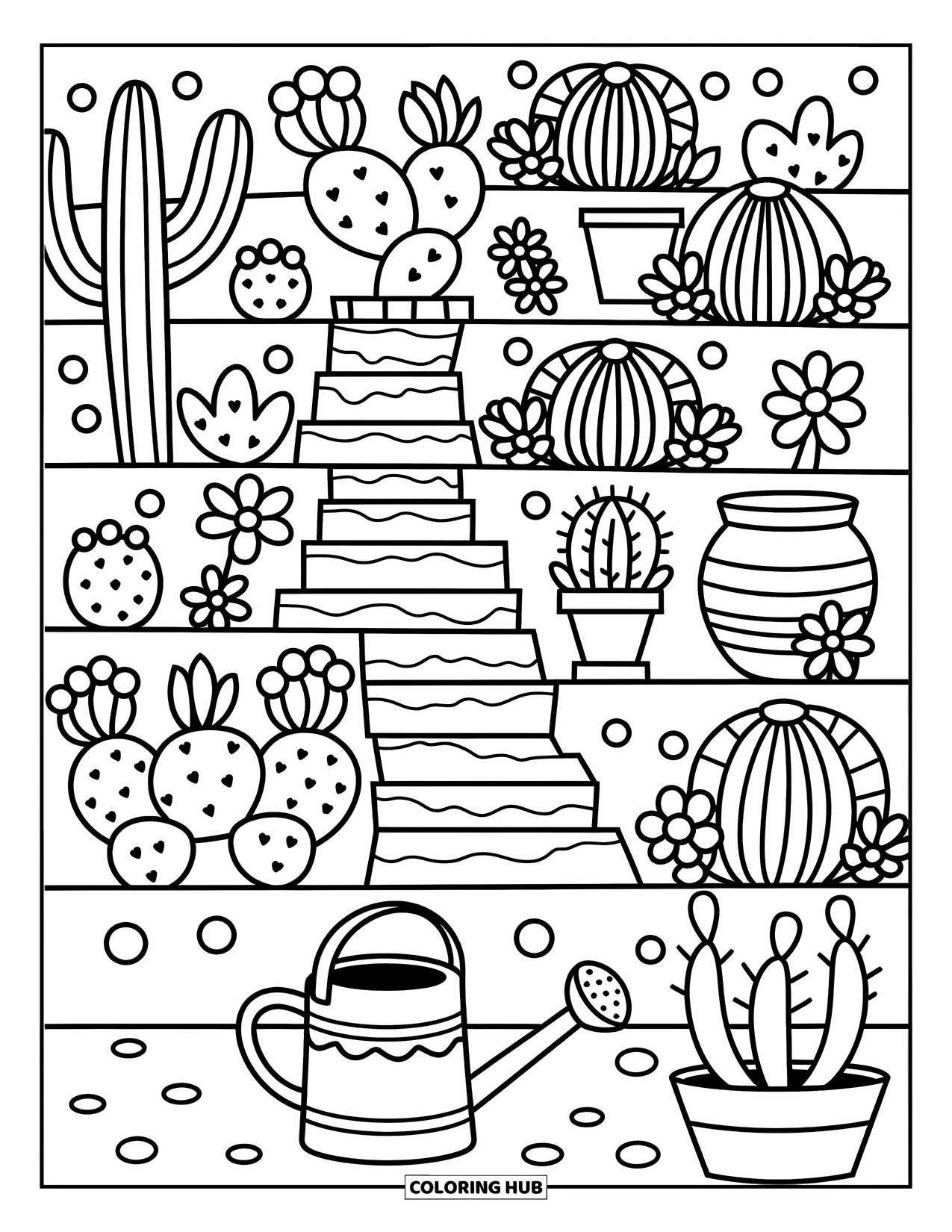 Desert Coloring Page for Adults: Cacti and pots line a layered garden with a tiny watering can below