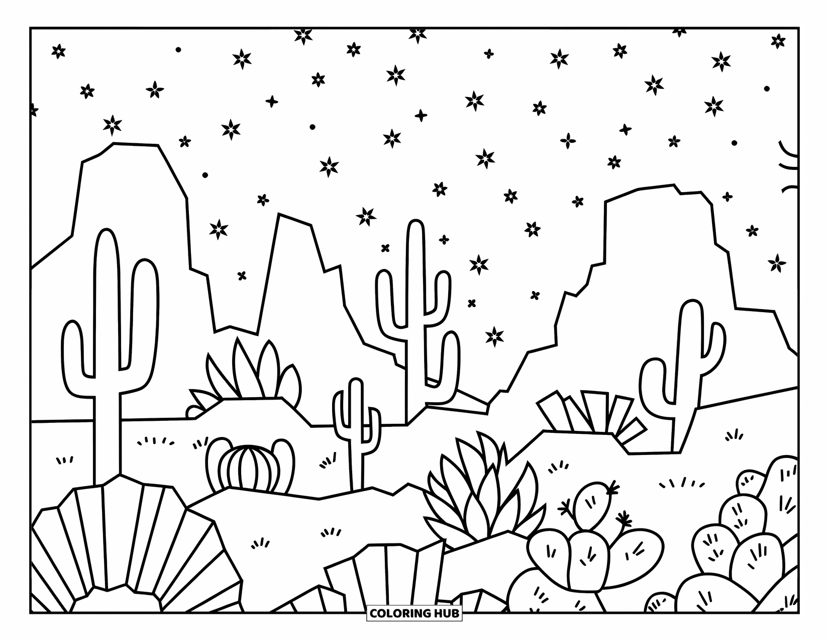 Desert Coloring Page for Adults: Cacti and rocks stand under a starry sky in a peaceful desert silhouette