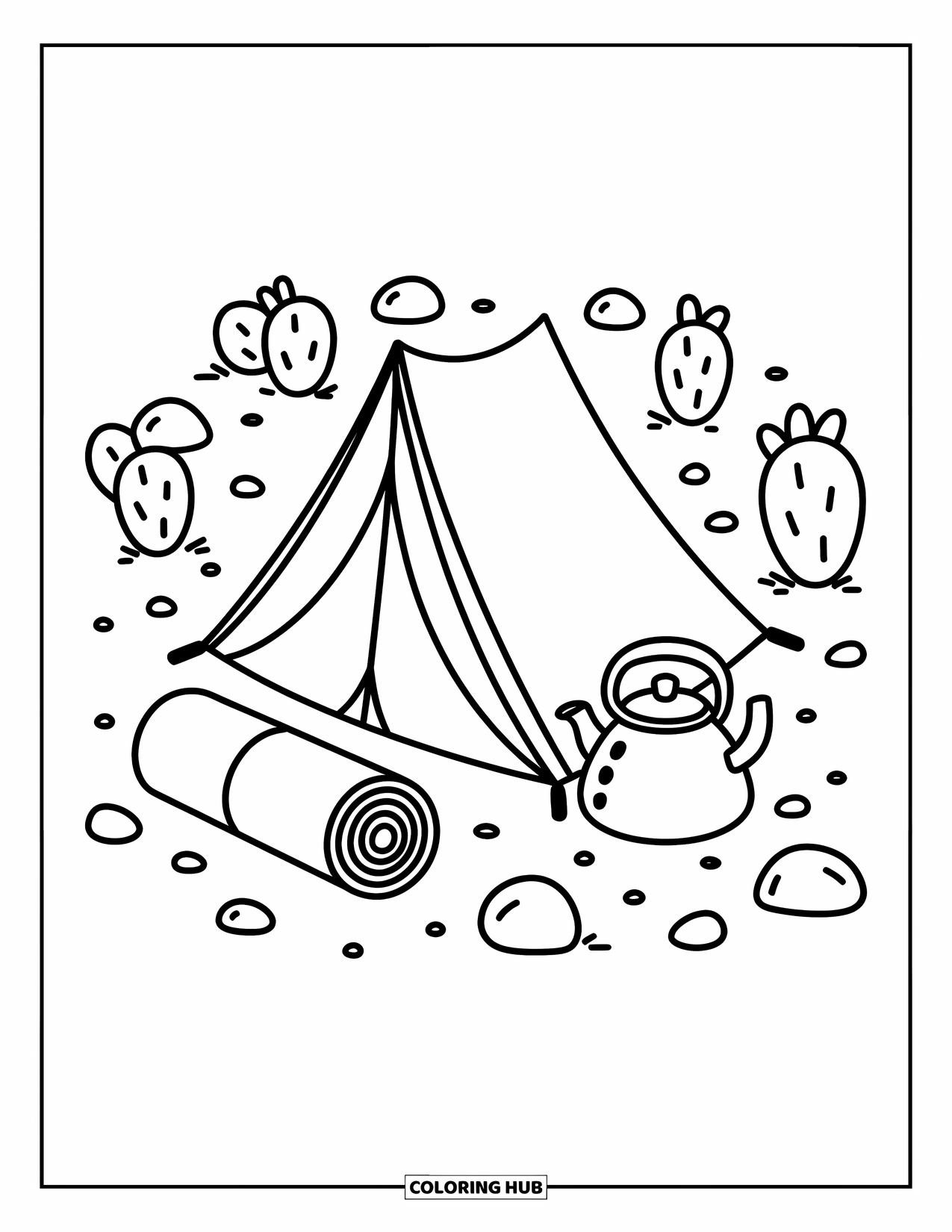 Desert Coloring Page for Adults: Cacti and soft rocks surround a warm tent scene with a kettle by the fire spot