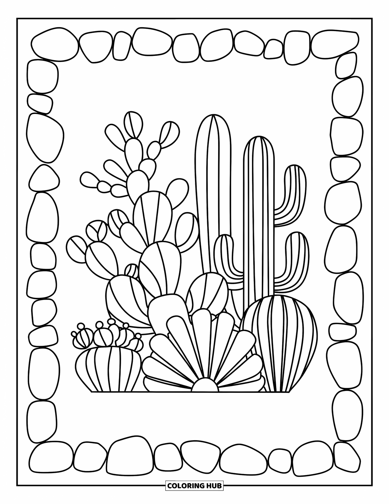 Desert Coloring Page for Adults: Cacti of all shapes and sizes are framed by scattered desert pebbles