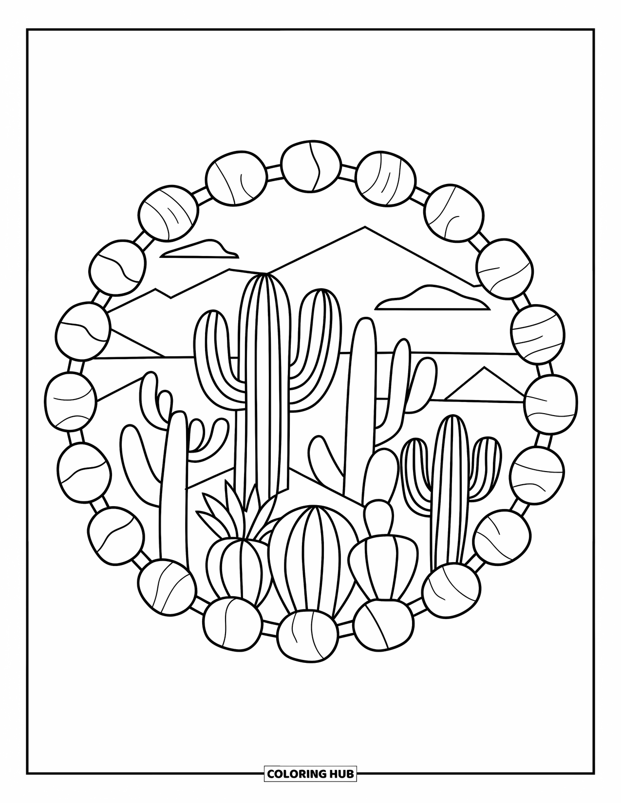Desert Coloring Page for Adults: Cactus shapes stand proudly among scattered rocks in a sandy circle