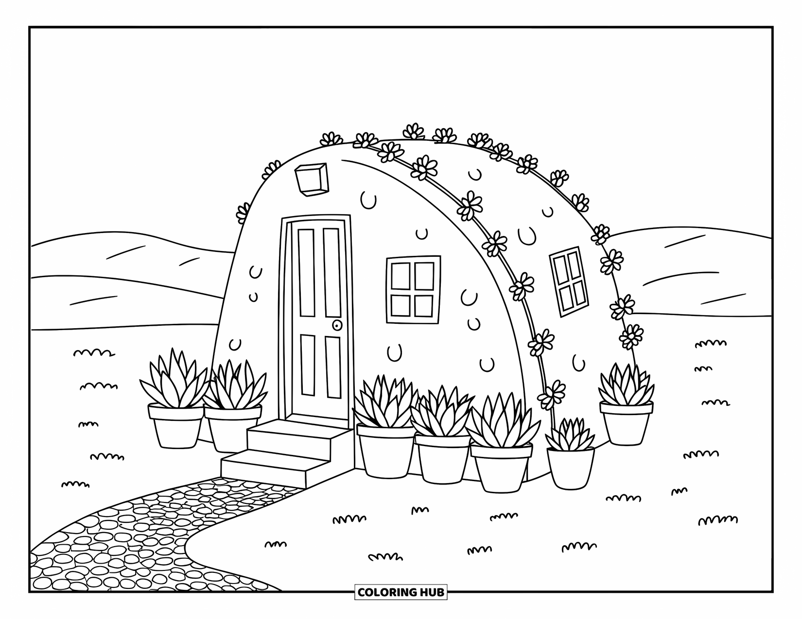 Desert Coloring Page for Adults: Climbing vines and potted plants decorate a tiny adobe home in the sand