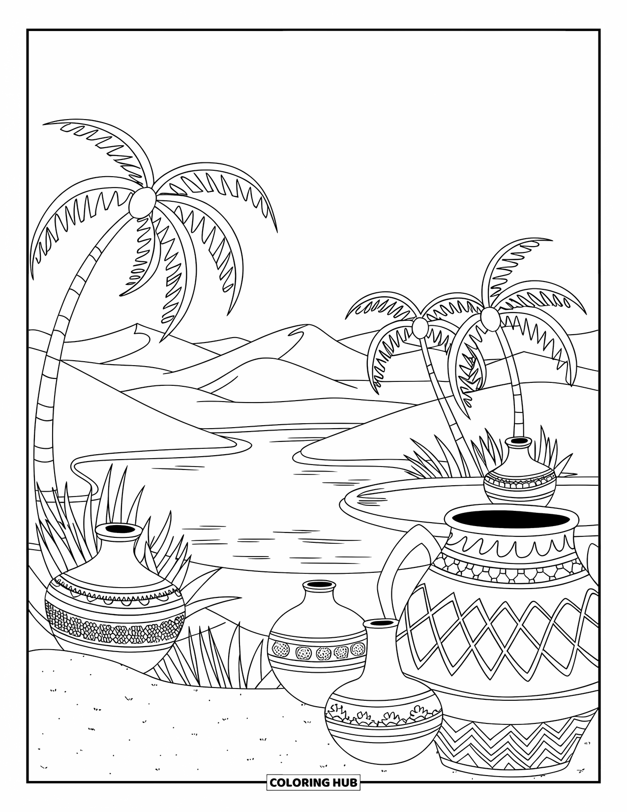 Desert Coloring Page for Adults: Decorated pottery and palms frame a still pond in a desert oasis