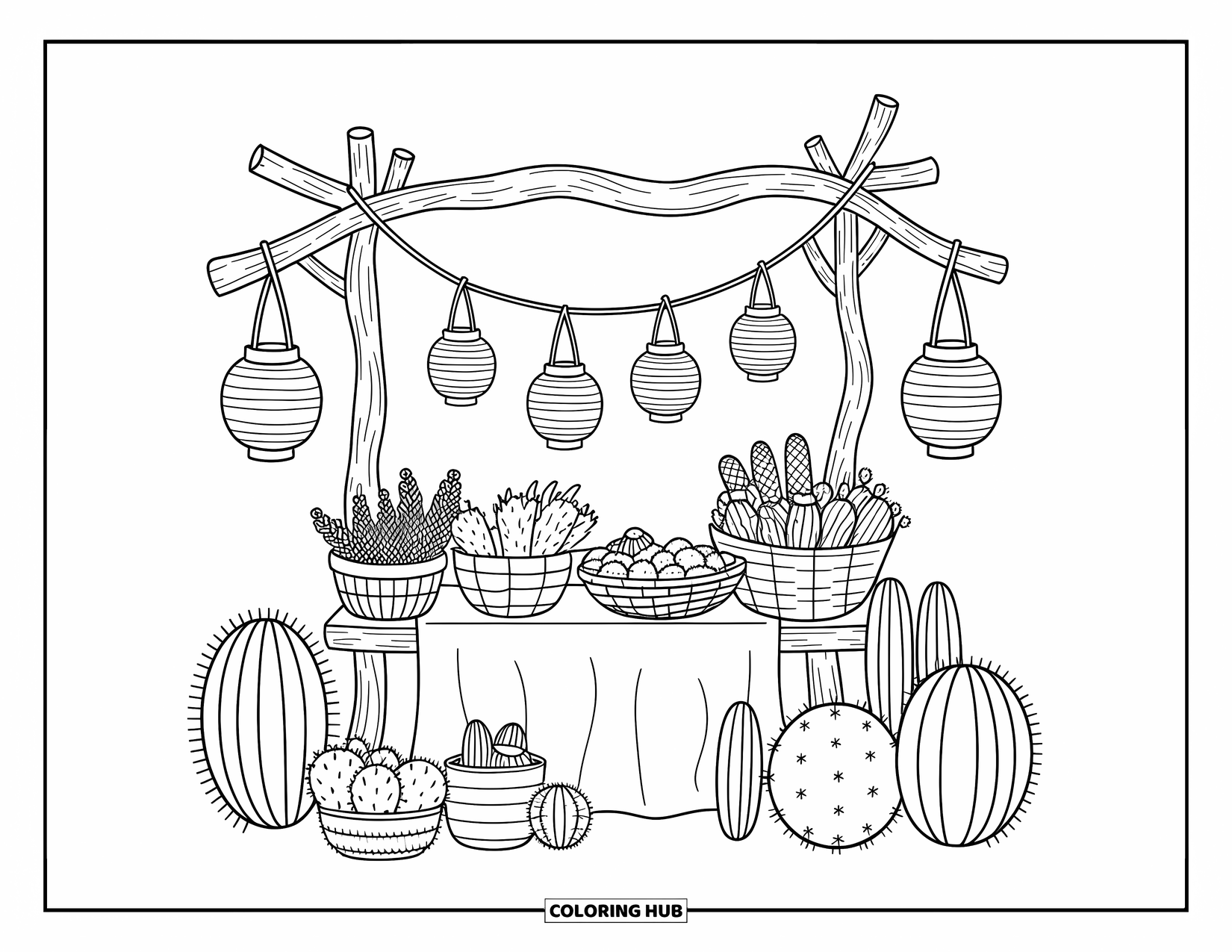 Desert Coloring Page for Adults: Dried herbs and pottery sit under lanterns in a stall surrounded by mini cacti
