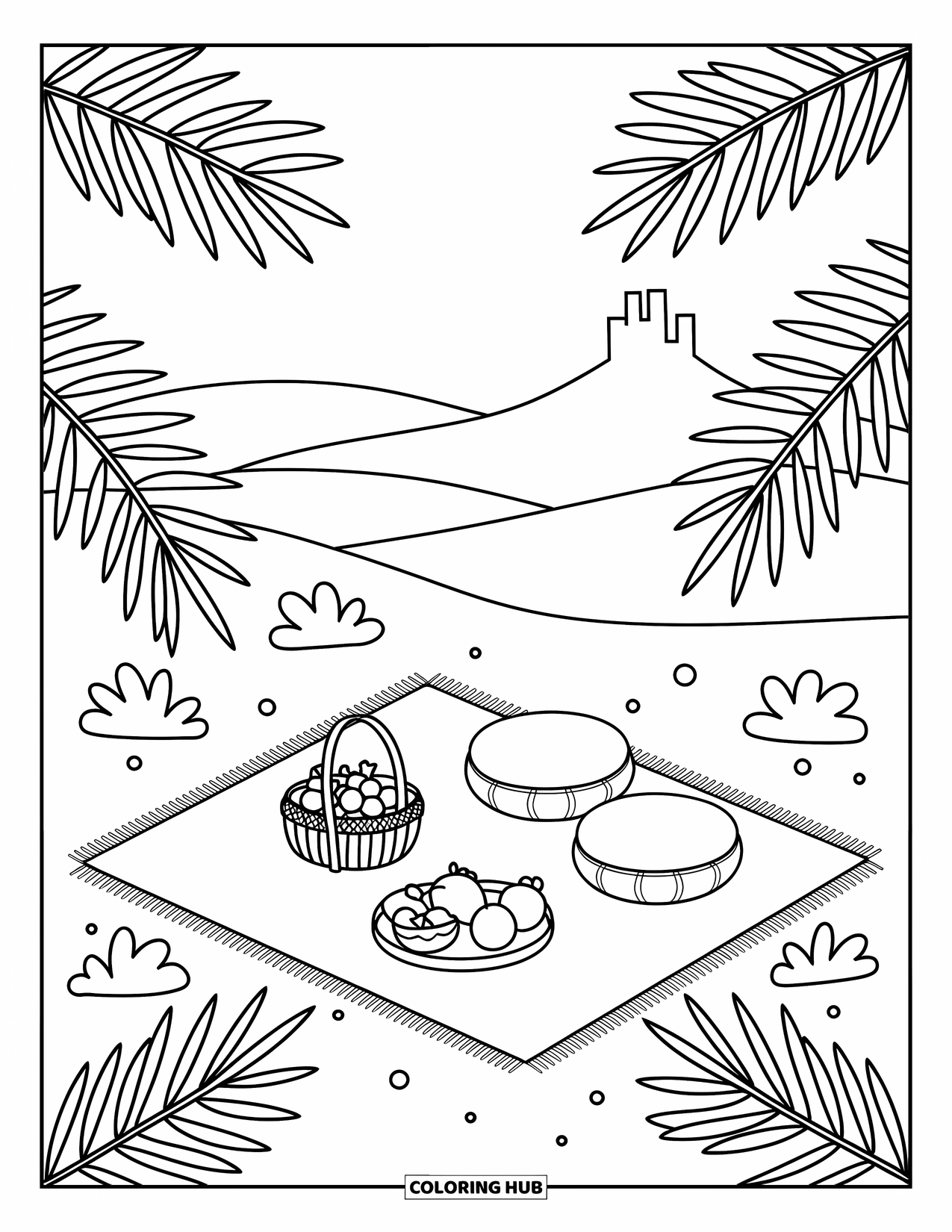 Desert Coloring Page for Adults: Fruit baskets and pillows rest on a desert blanket near a mesa view