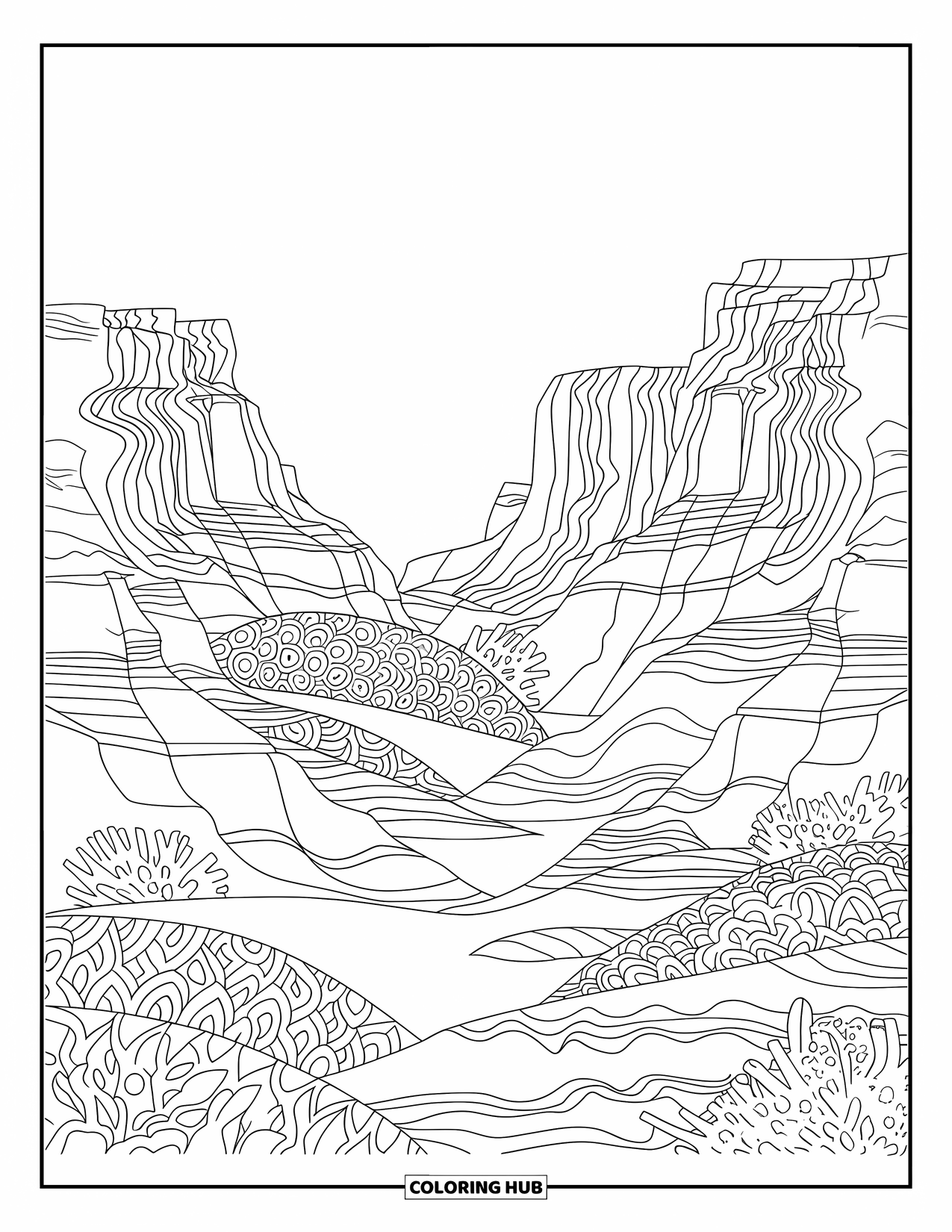 Desert Coloring Page for Adults: Layered rock patterns and soft dunes fill a peaceful desert canyon