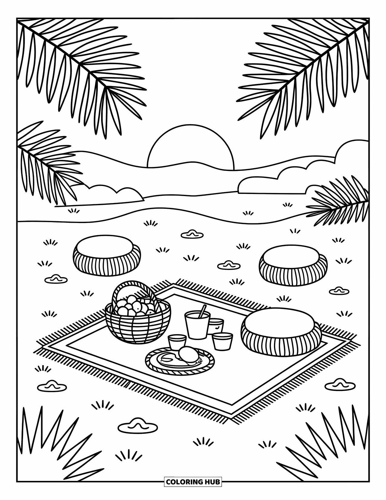 Desert Coloring Page for Adults: Palm leaves and cozy pillows surround a picnic near a distant mesa