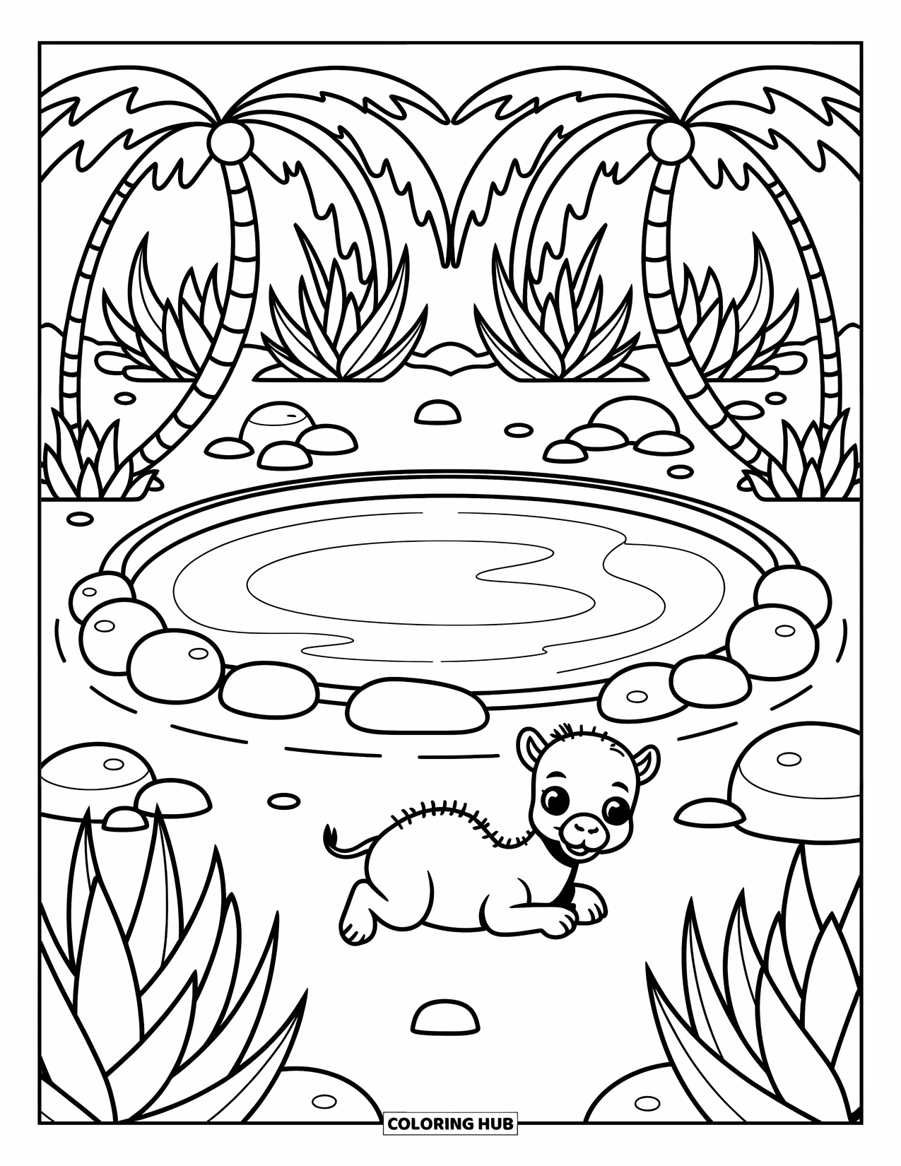 Desert Coloring Page for Adults: Palm trees and aloe surround a calm pond with a baby camel nearby