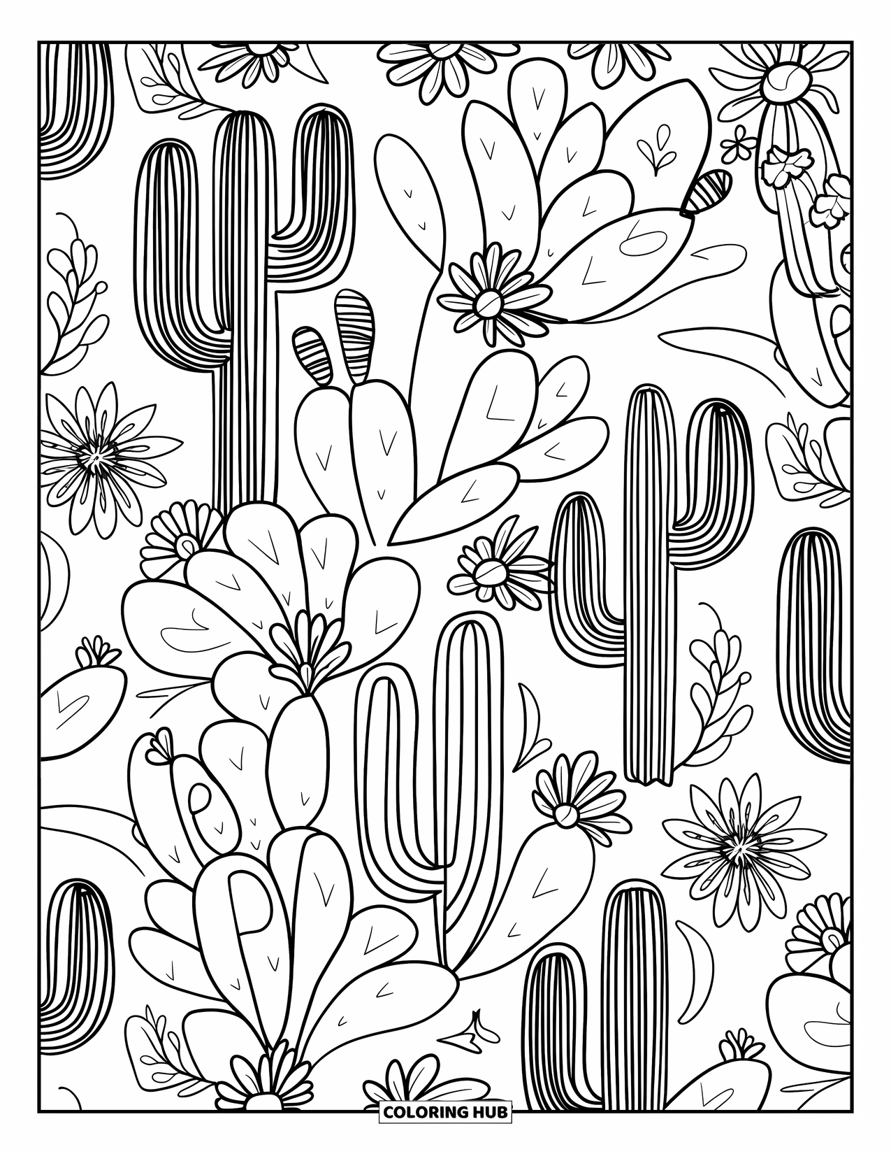Desert Coloring Page for Adults: Repeating cactus shapes create a relaxing mandala with floral desert touches