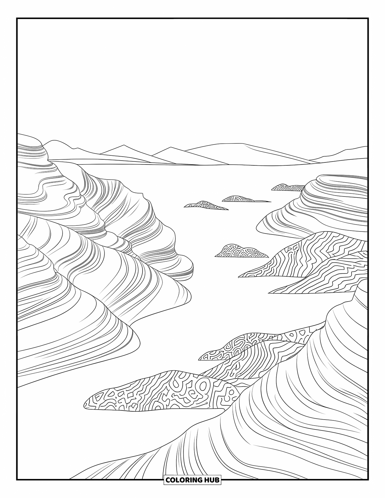 Desert Coloring Page for Adults: Rocky cliffs and soft-patterned dunes shape a quiet desert view