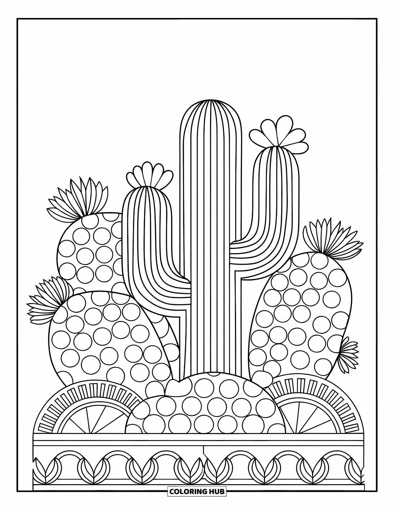 Desert Coloring Page for Adults: Round shapes and cacti repeat in a calm, detailed mandala design
