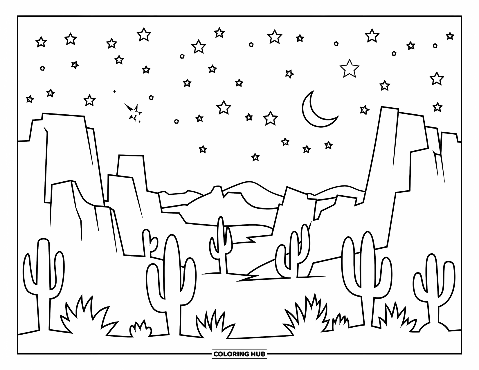 Desert Coloring Page for Adults: Tall cacti and rocky shapes create a calm scene under moonlight and stars