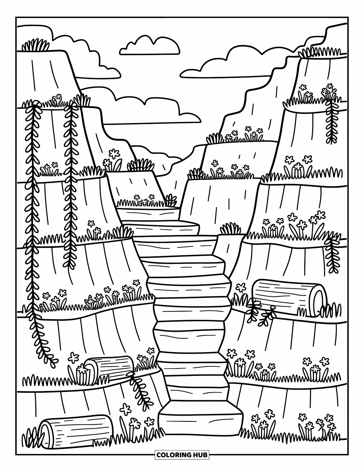 Desert Coloring Page for Adults: Vines, logs, and flowers fill the cozy ledges of a rocky desert canyon