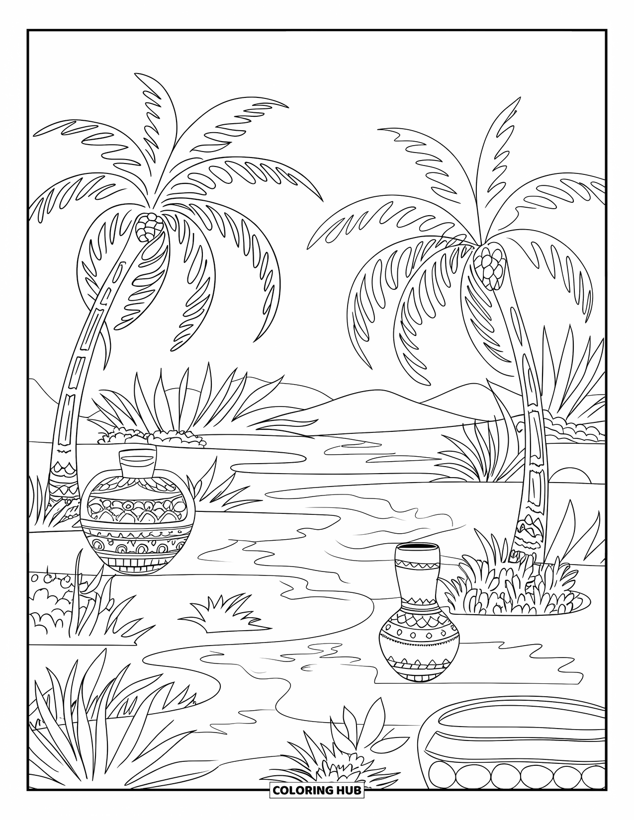 Desert Coloring Page for Adults: Water, pots, and palms bring peace to this quiet desert hideaway