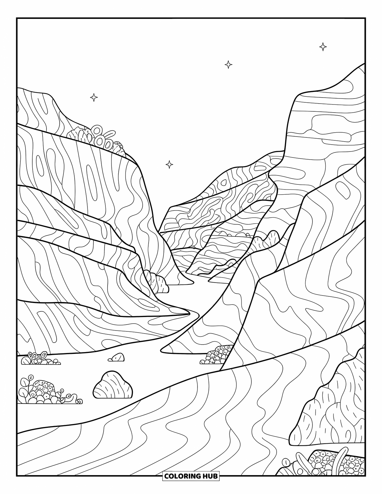 Desert Coloring Page for Adults: Wavy dunes and tall canyon cliffs line a clear path through the desert