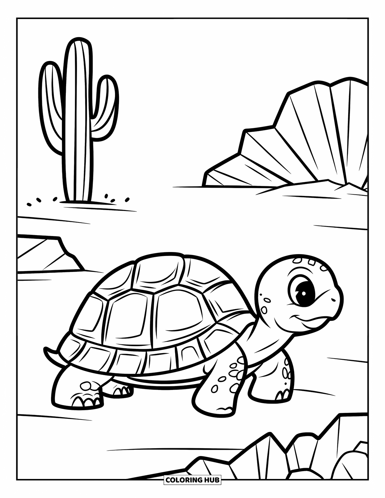 Desert Coloring Page for Kids: A baby tortoise heads toward a cactus in a wide desert scene