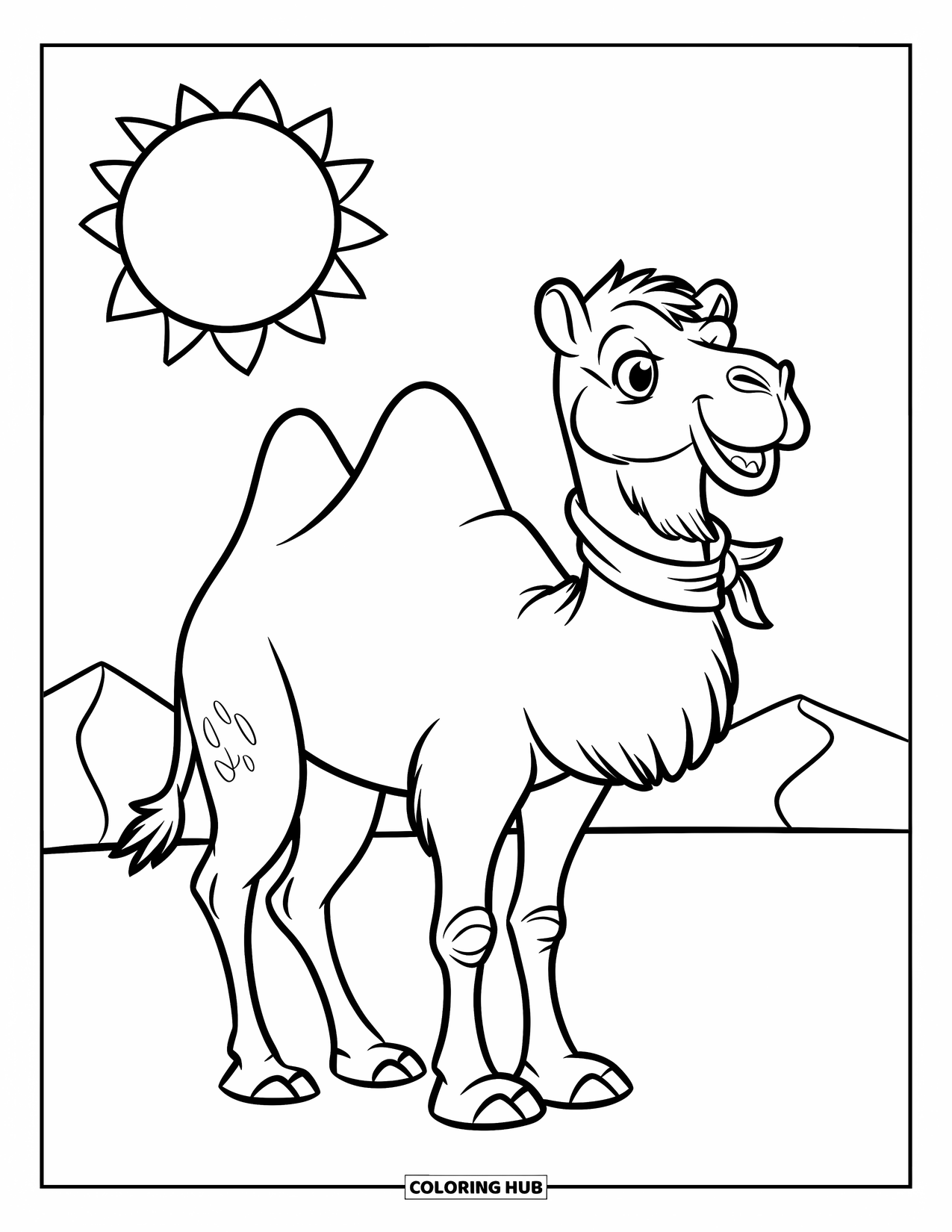Desert Coloring Page for Kids: A cheerful camel with a scarf smiles under the sun in the desert