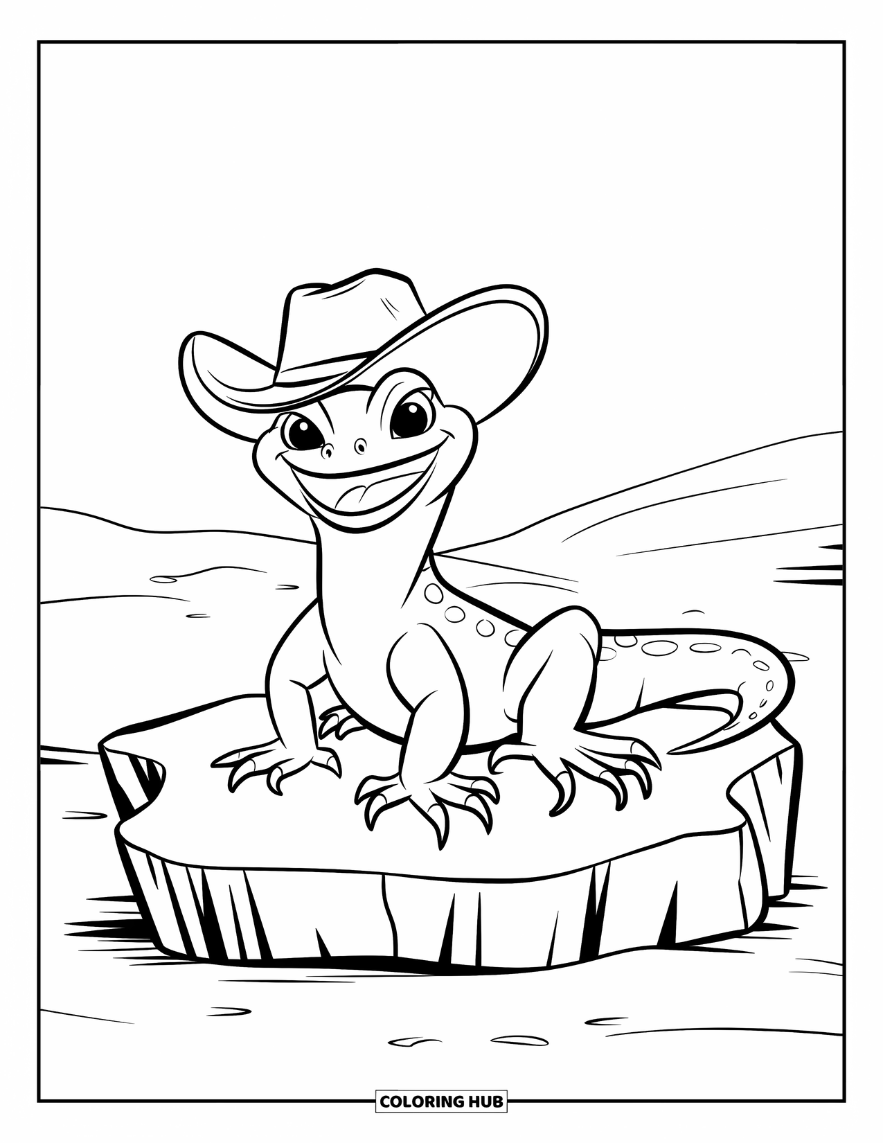 Desert Coloring Page for Kids: A cheerful lizard with a cowboy hat sits on a rock in the sand