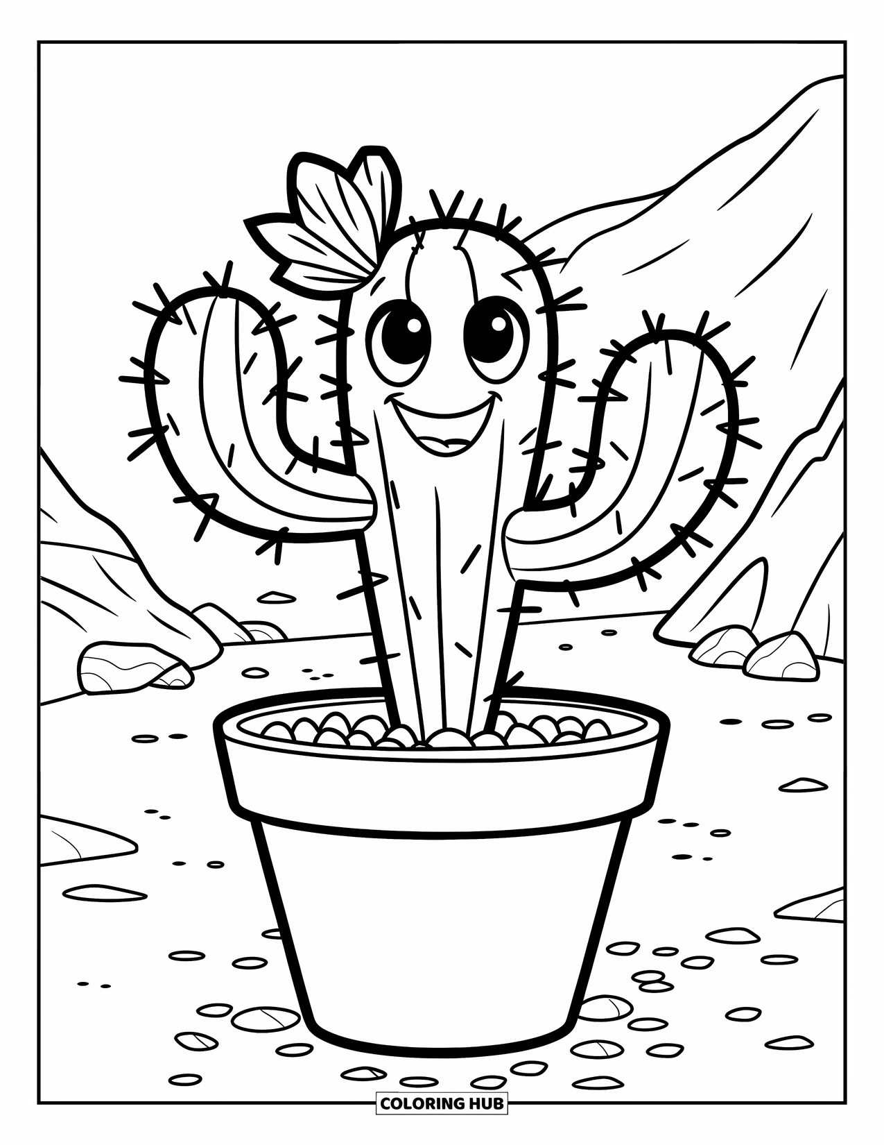 Desert Coloring Page for Kids: A cheerful potted cactus rests near stones and mountains in the desert