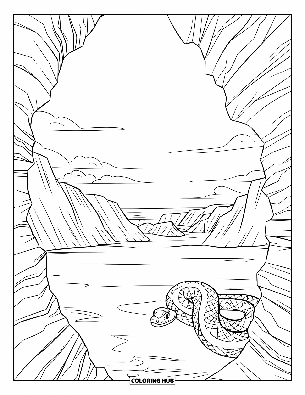 Desert Coloring Page for Kids: A coiled snake lies between rocky canyon walls in the desert