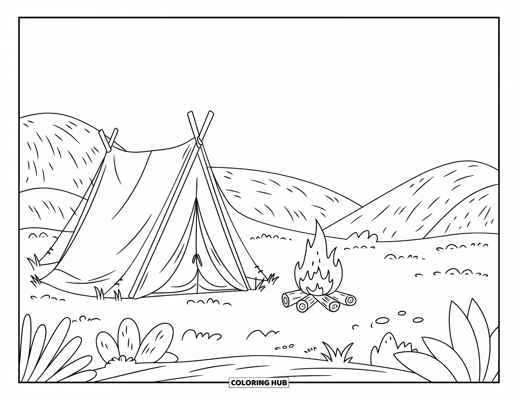 Desert Coloring Page for Kids: A cozy tent and campfire sit at the base of gentle desert hills