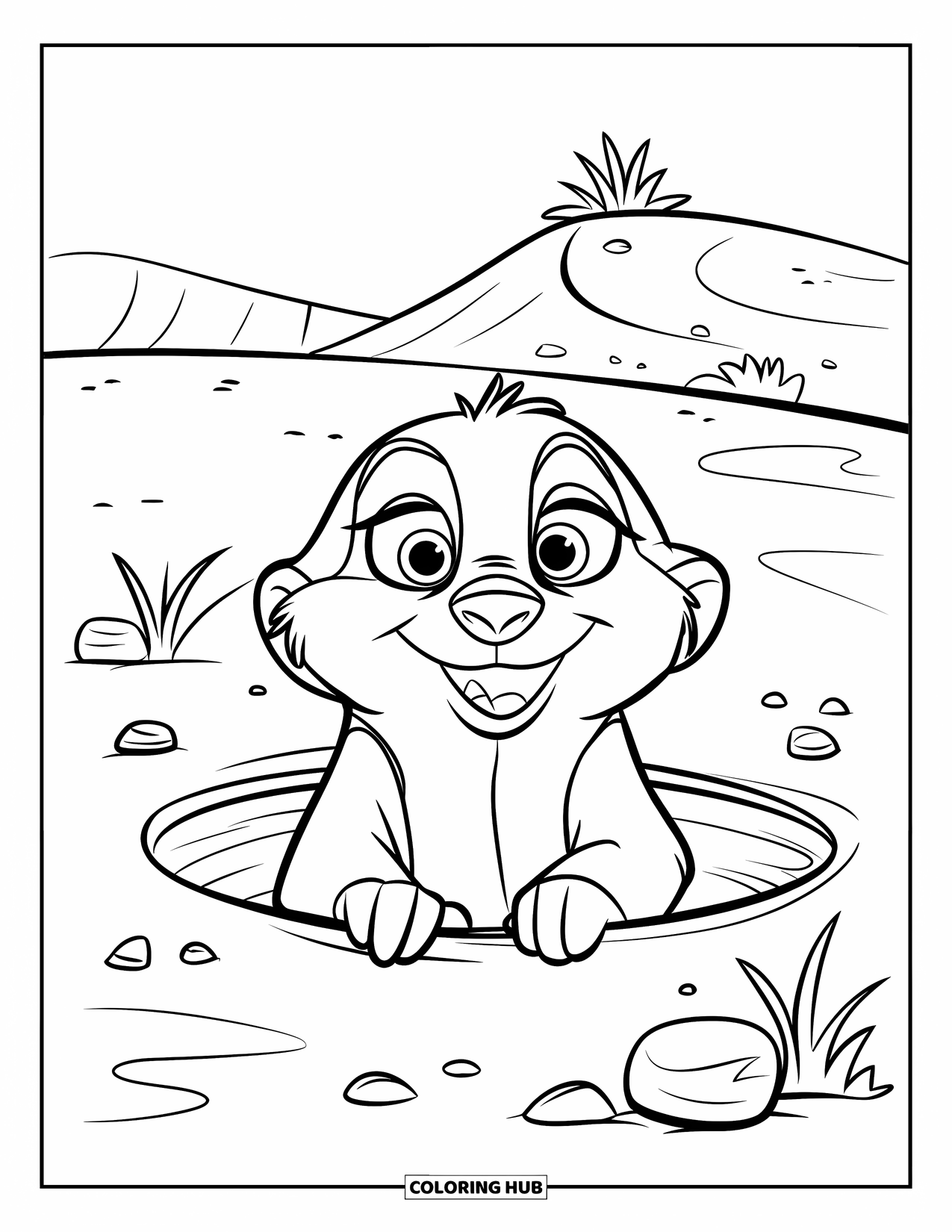 Desert Coloring Page for Kids: A curious meerkat peeks from a burrow under a wide desert sky