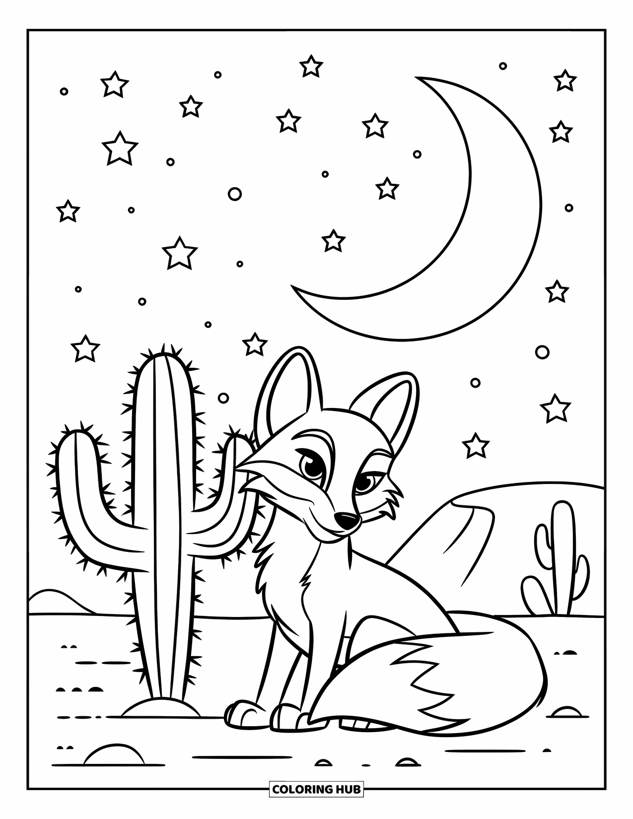 Desert Coloring Page for Kids: A curled-up fox rests by a cactus beneath the crescent moon and stars
