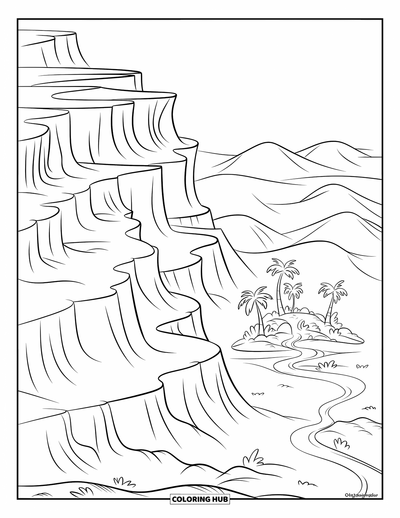 Desert Coloring Page for Kids: A curvy path winds through dunes and cliffs to a calm oasis