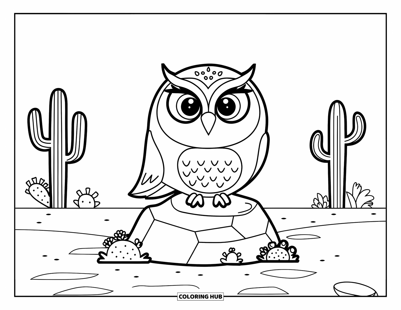 Desert Coloring Page for Kids: A cute owl with big eyes rests on a rock among sand and cacti