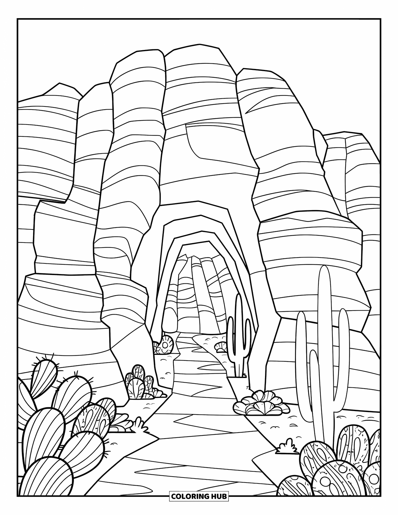 Desert Coloring Page for Kids: A desert cave path lined with cacti and tall rock formations