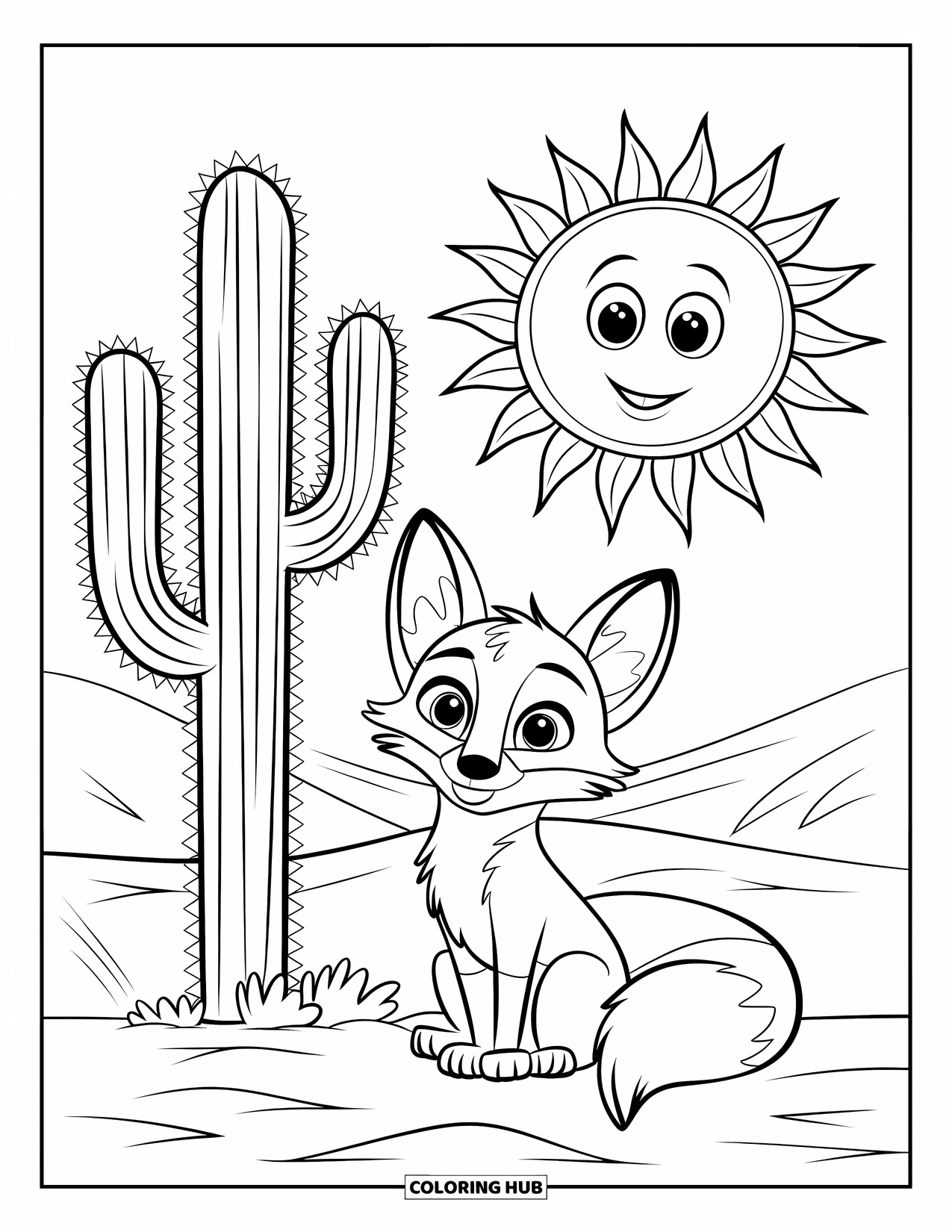Desert Coloring Page for Kids: A desert fox sits calmly by a cactus under a smiling sun