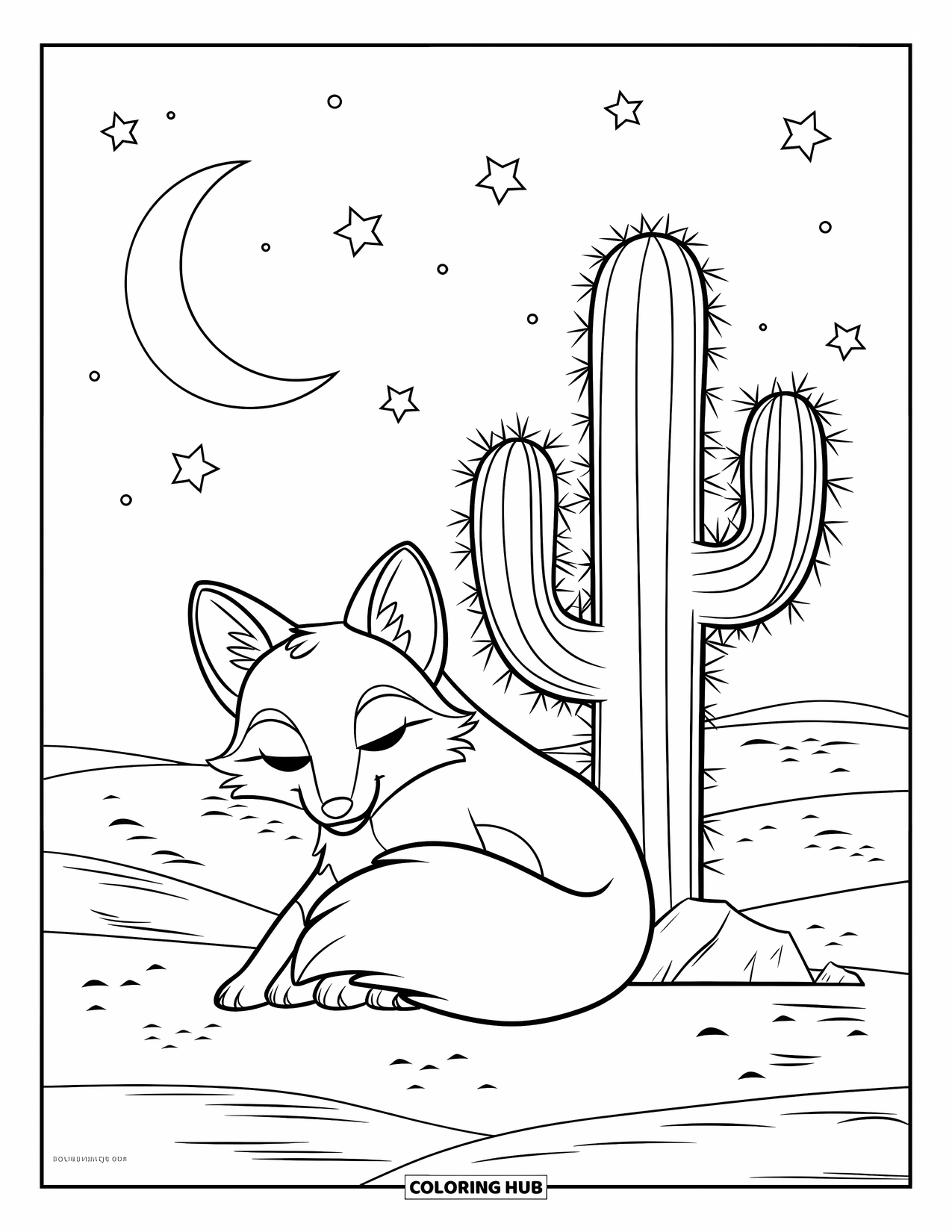 Desert Coloring Page for Kids: A desert fox snoozes next to a cactus under a starry sky