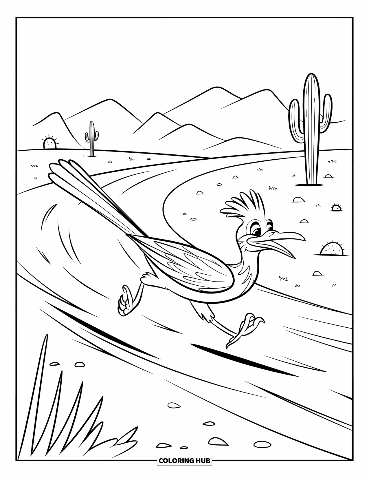 Desert Coloring Page for Kids: A fast roadrunner zips along a windy desert trail
