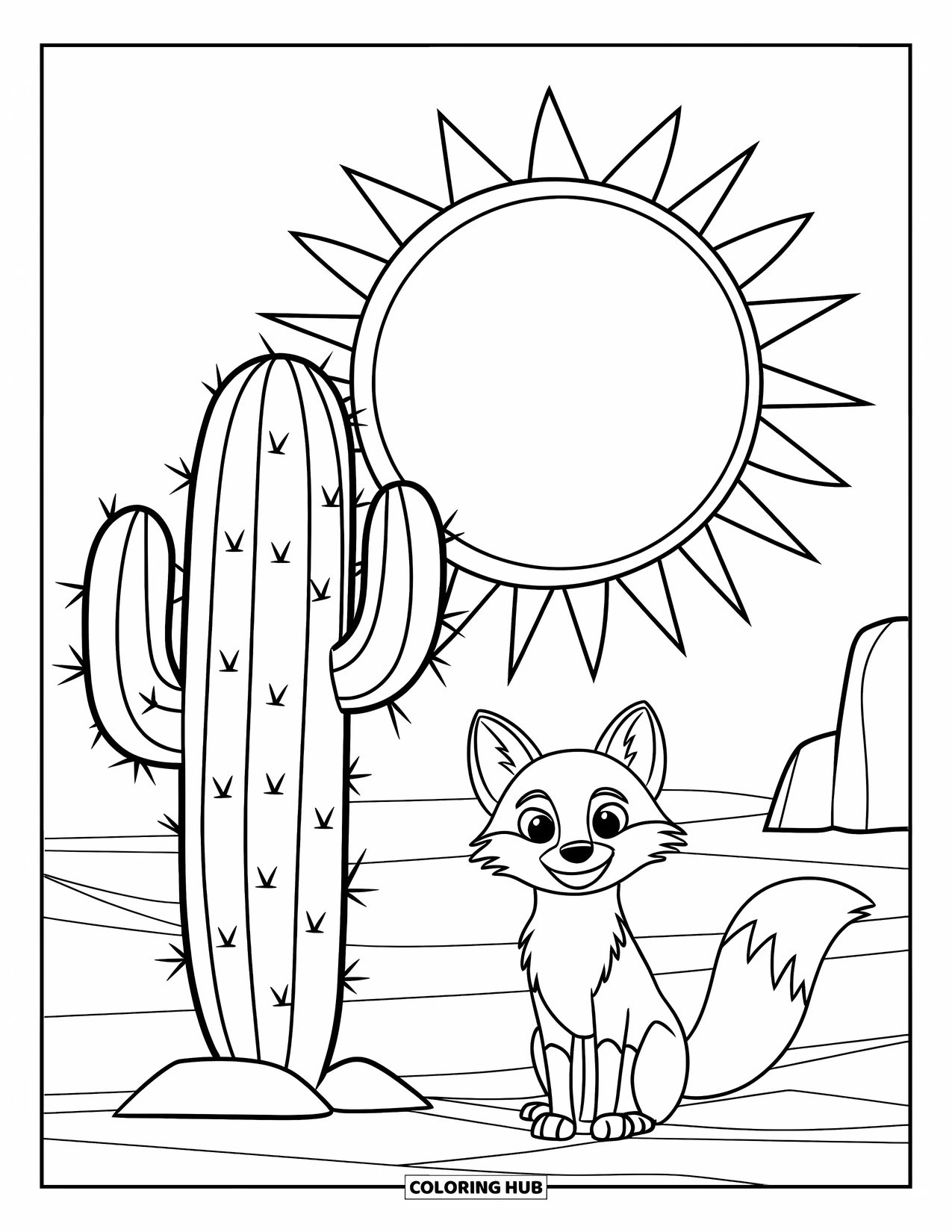 Desert Coloring Page for Kids: A fluffy desert fox rests beside a spiky cactus and warm sun