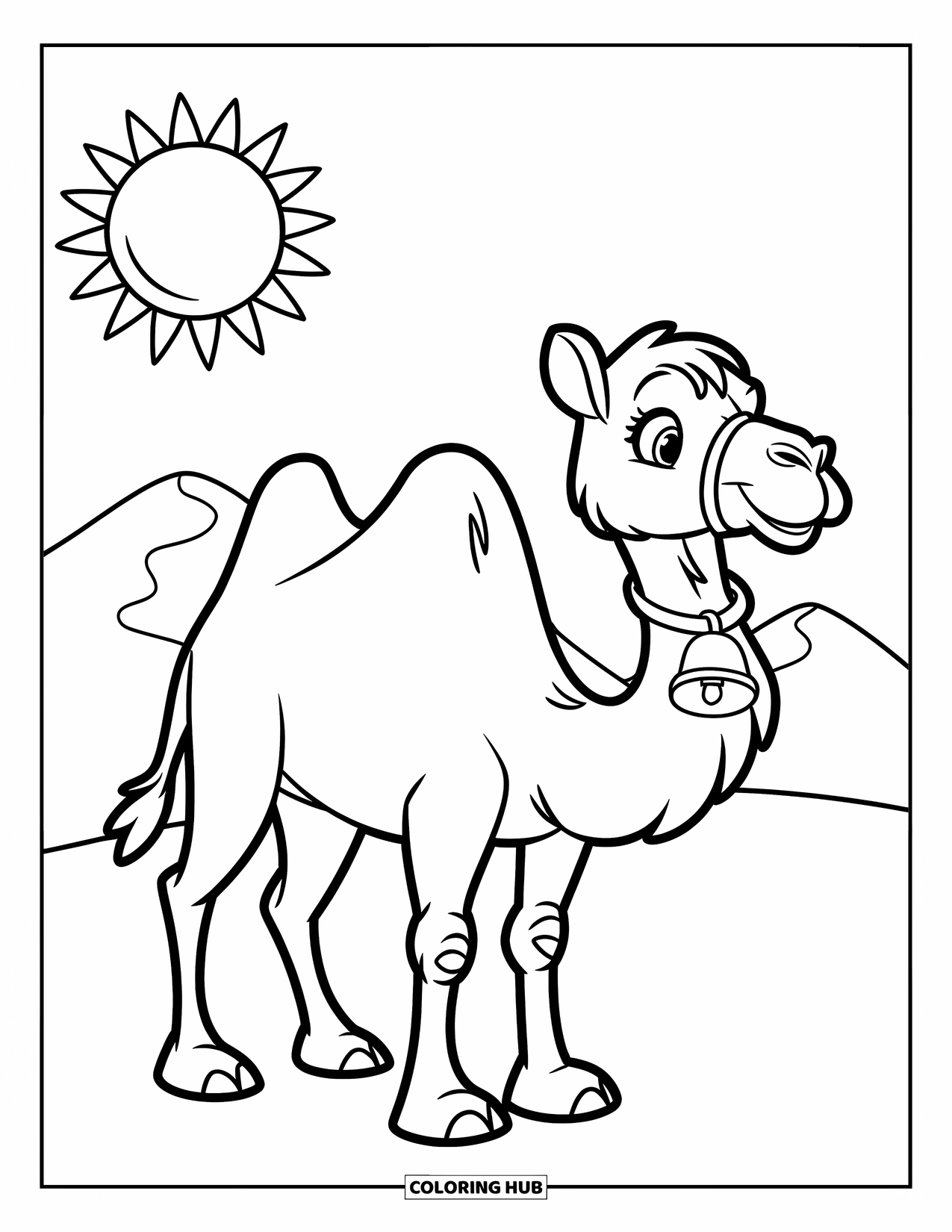 Desert Coloring Page for Kids: A friendly camel with a bell stands under the sun beside two little dunes