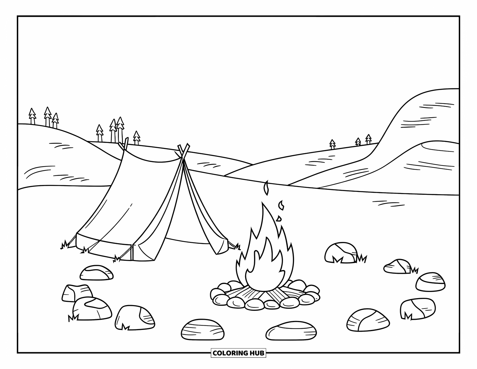 Desert Coloring Page for Kids: A glowing campfire and flared tent nestled in open desert hills