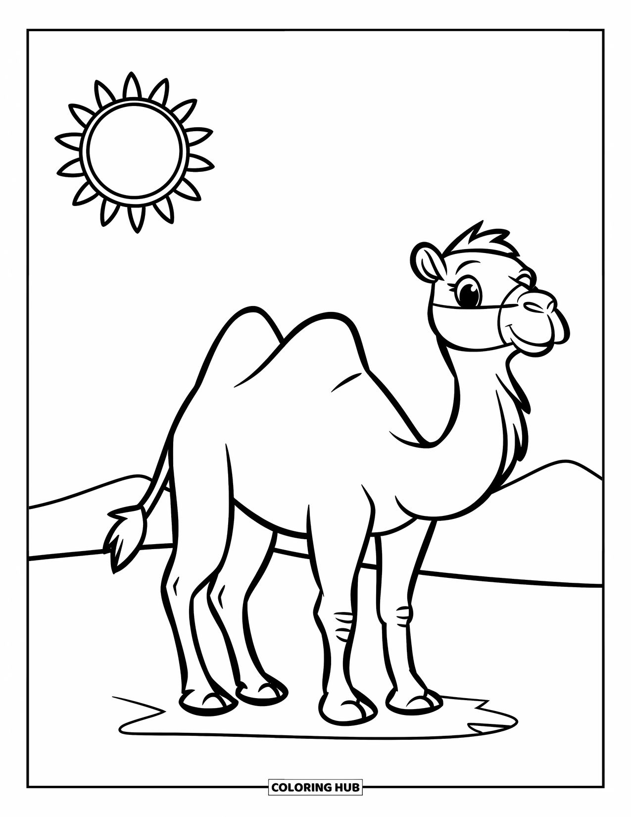 Desert Coloring Page for Kids: A happy camel stands under the sun near two small desert dunes