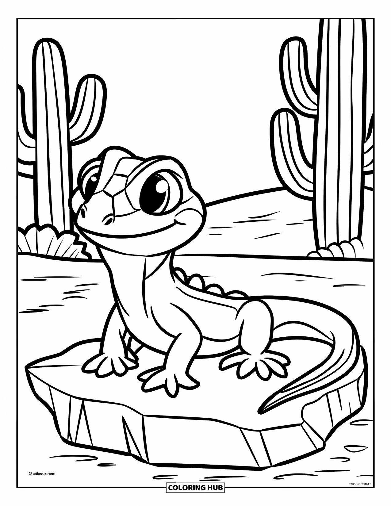 Desert Coloring Page for Kids: A happy lizard in the desert enjoys the view from a sunny rock